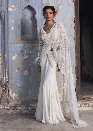 Off-white shimmer drape sari set