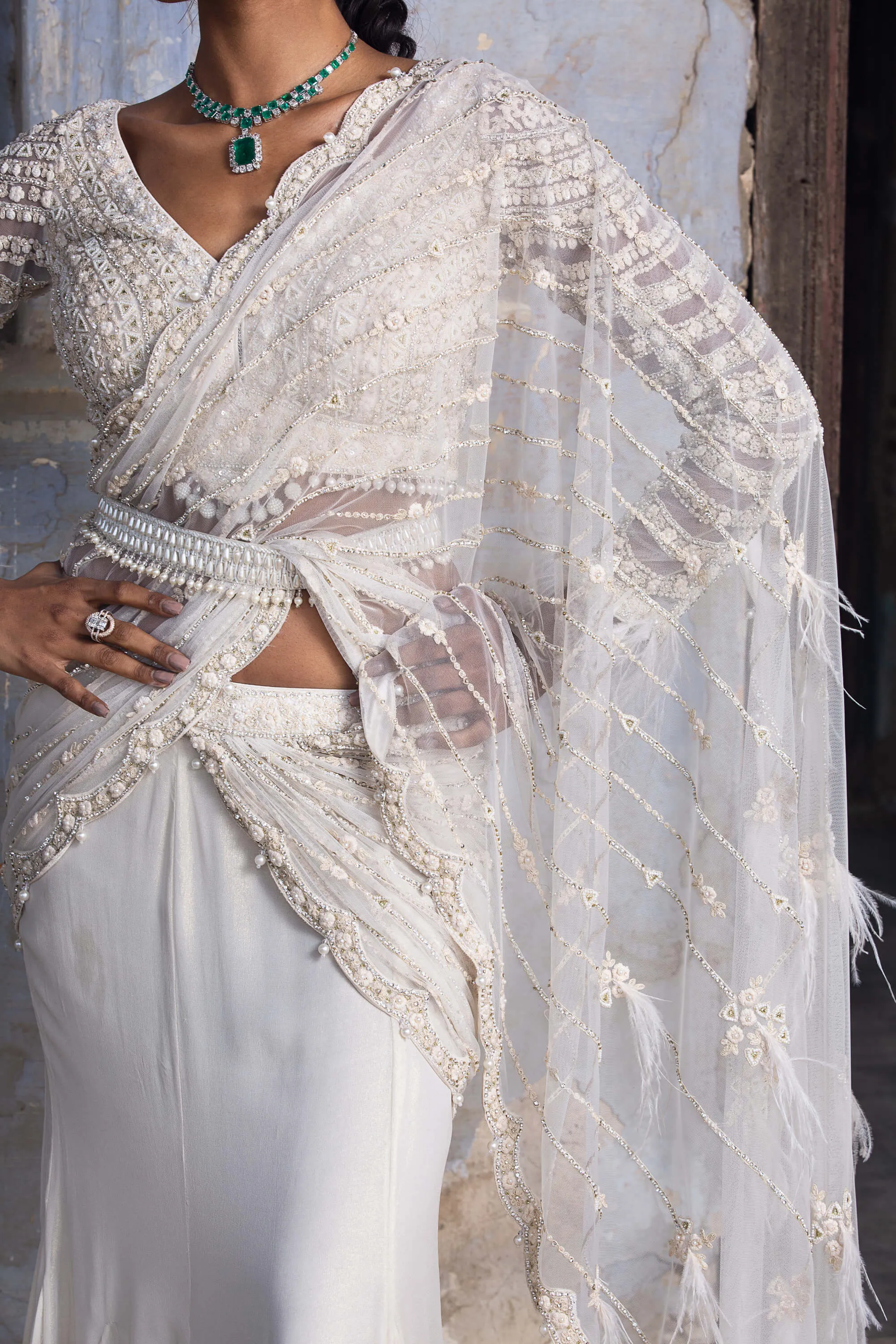 Off-white shimmer drape sari set