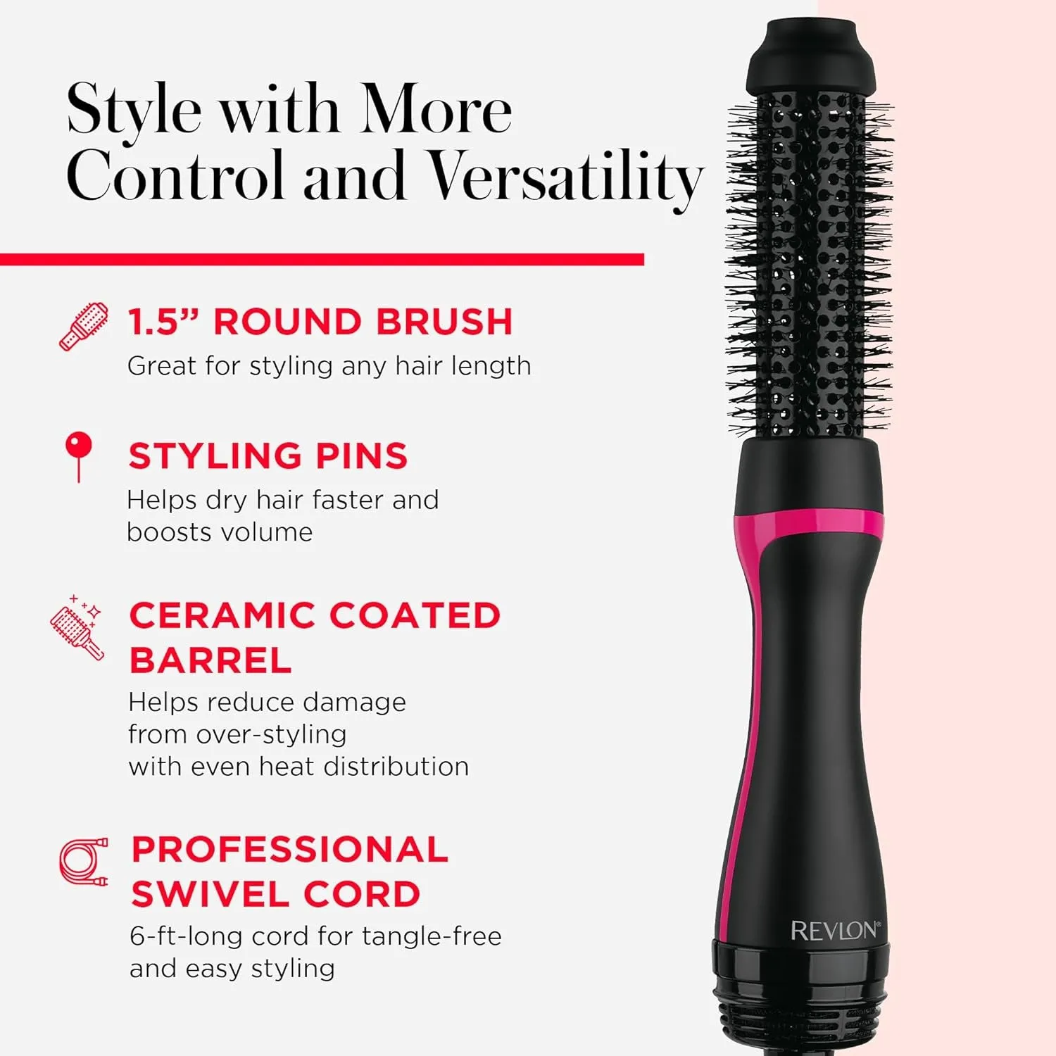One-Step Hair Dryer and Styler - Root Booster round Brush for Styling, Dryer Brush for Fast and Easy Salon-Quality Blowout, More Shine and Less Frizz (1-1/2 In)