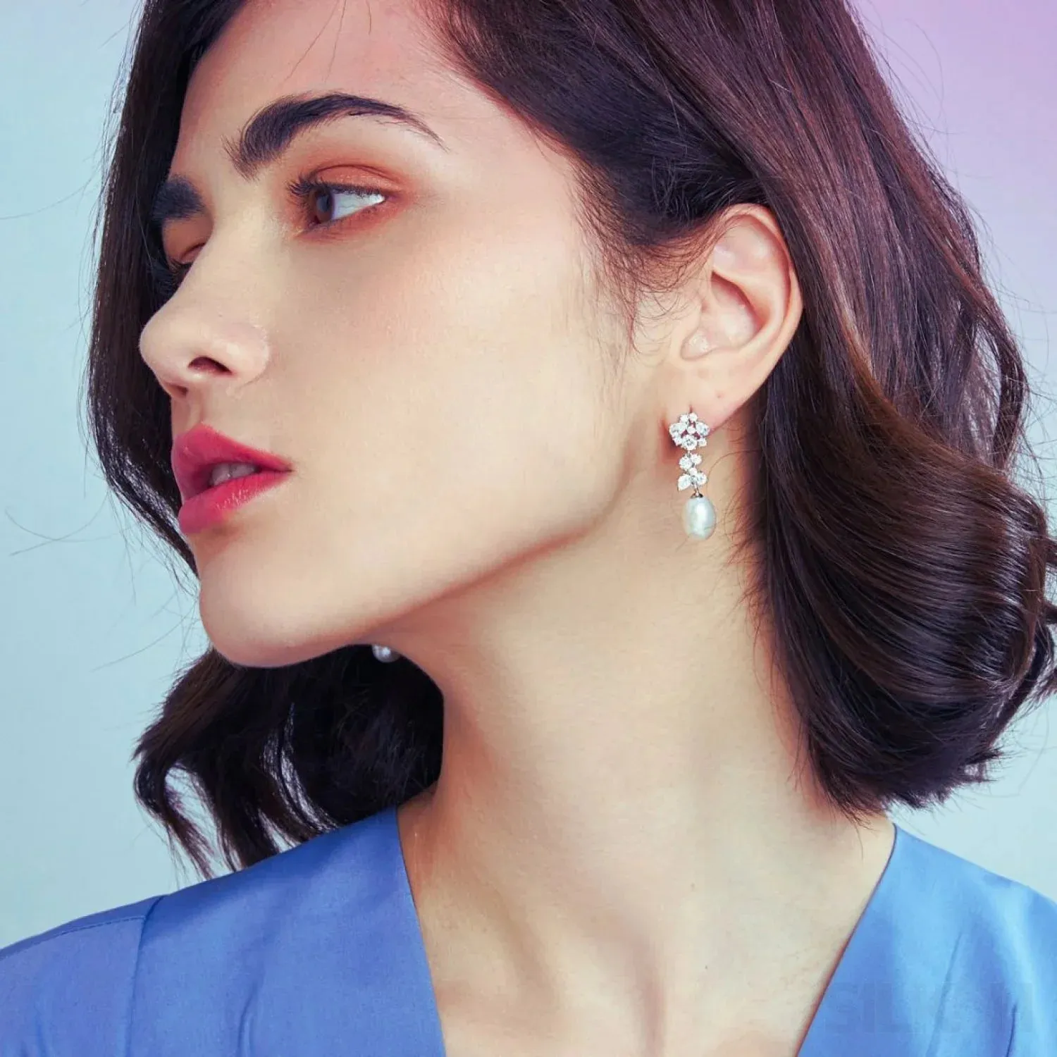Oval Sterling Silver Long Pearl Drop Earrings For Brides and Bridesmaids Bea