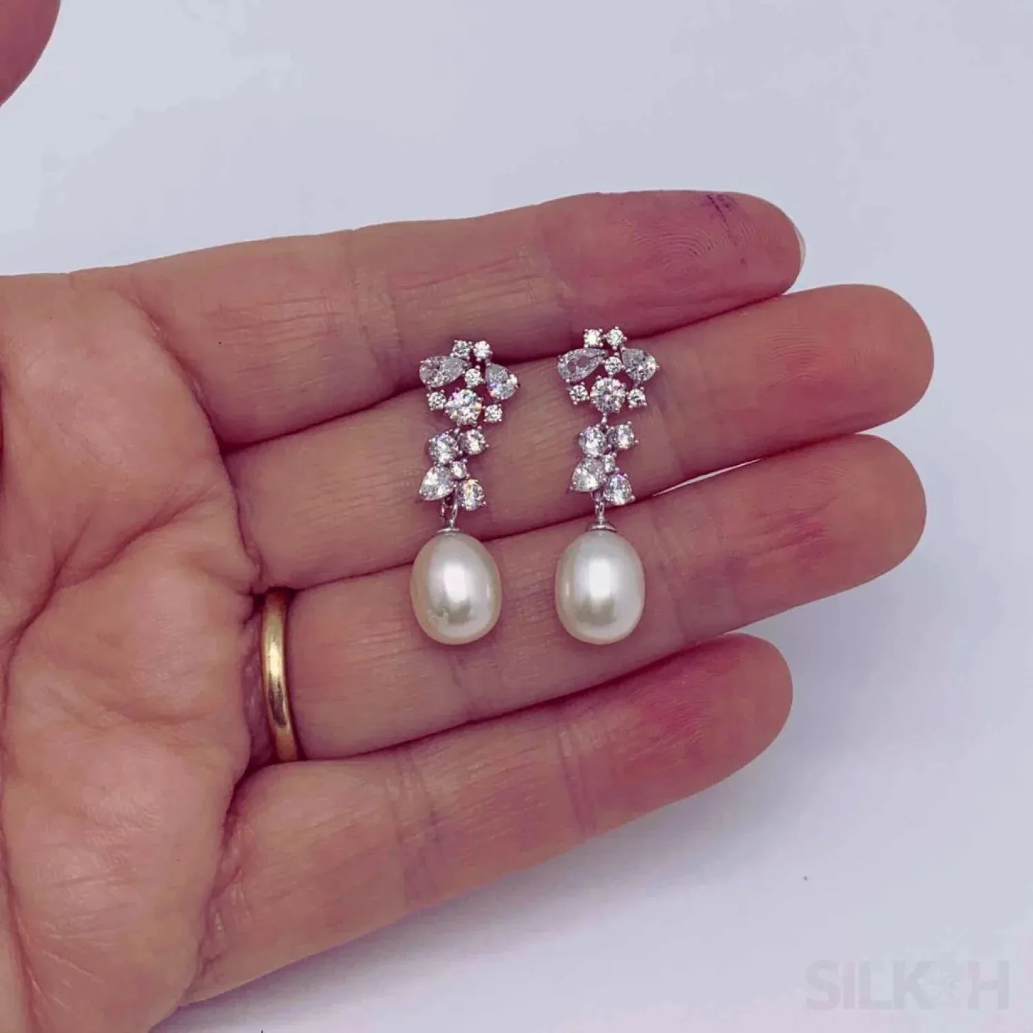 Oval Sterling Silver Long Pearl Drop Earrings For Brides and Bridesmaids Bea