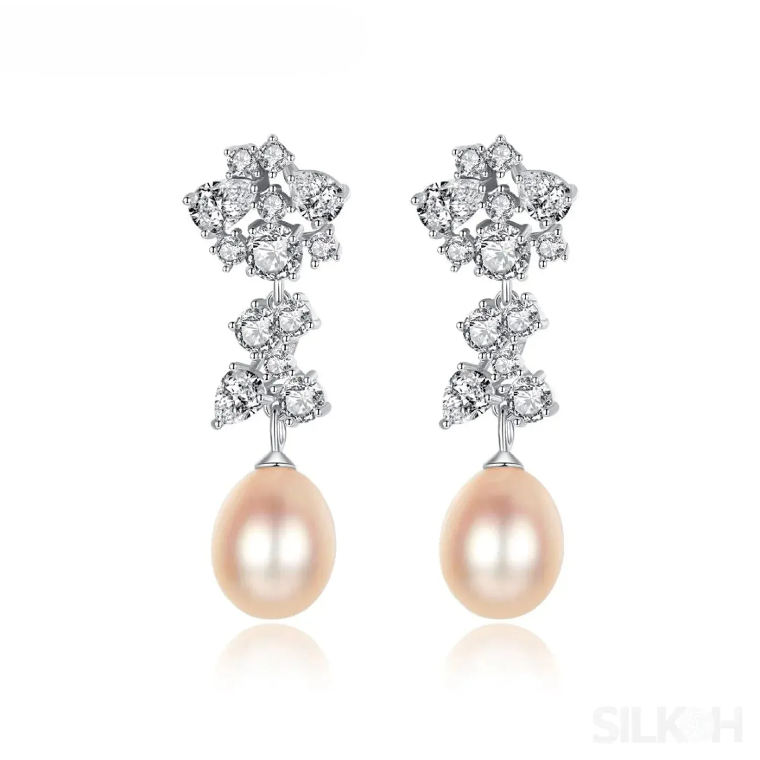 Oval Sterling Silver Long Pearl Drop Earrings For Brides and Bridesmaids Bea