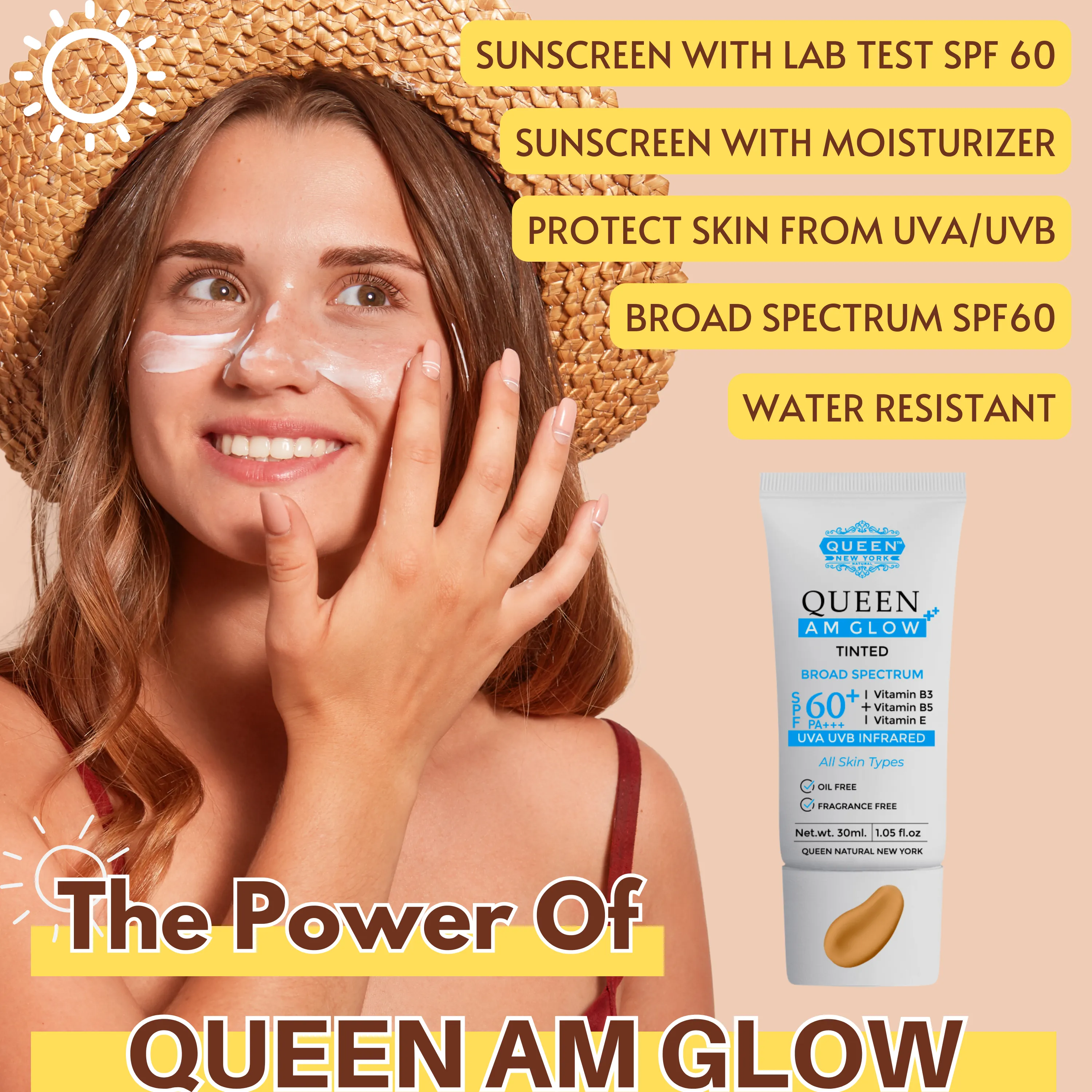 Pack of 2 QUEEN AM GLOW | TINTED Sunscreen SPF 60 PA   Primer-Anti Aging, Face Moisturizer- Vitamin B3, B5, E-fragrance free by QUEEN NATURAL NEW YORK