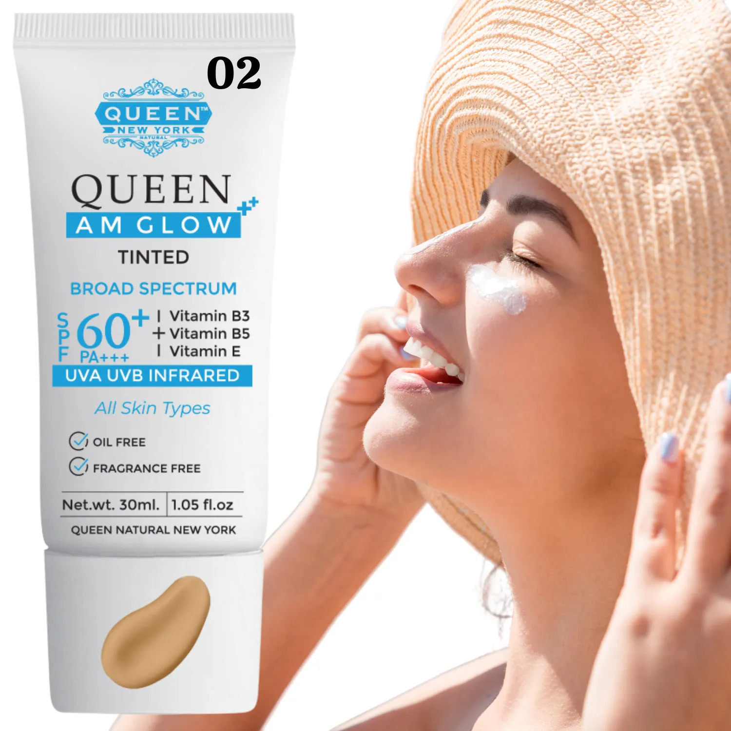 Pack of 2 QUEEN AM GLOW | TINTED Sunscreen SPF 60 PA   Primer-Anti Aging, Face Moisturizer- Vitamin B3, B5, E-fragrance free by QUEEN NATURAL NEW YORK