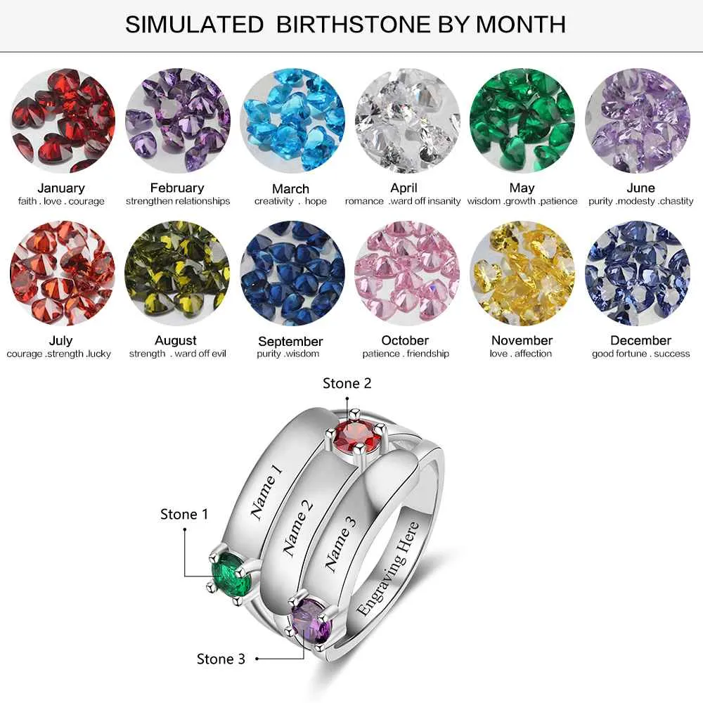 Personalized Gift for Mommy Engrave 3 Names 3 Childrens Birthstone Promise Rings 925 Sterling Silver Jewelry