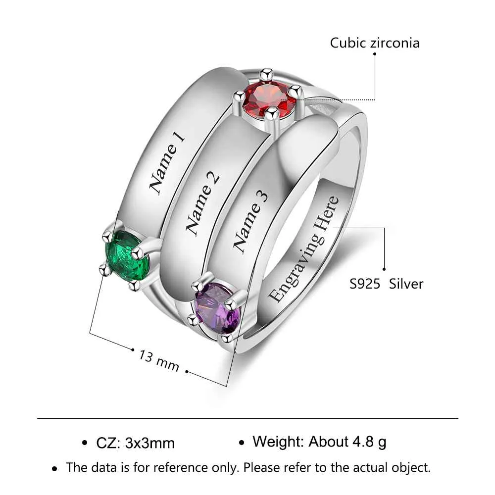 Personalized Gift for Mommy Engrave 3 Names 3 Childrens Birthstone Promise Rings 925 Sterling Silver Jewelry