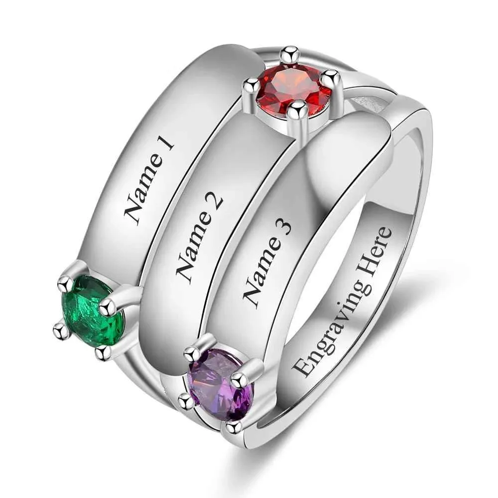 Personalized Gift for Mommy Engrave 3 Names 3 Childrens Birthstone Promise Rings 925 Sterling Silver Jewelry