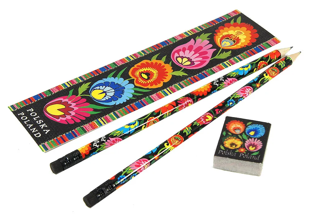 Polish Folk Art Bookmark, Eraser & 2 Pencils Set