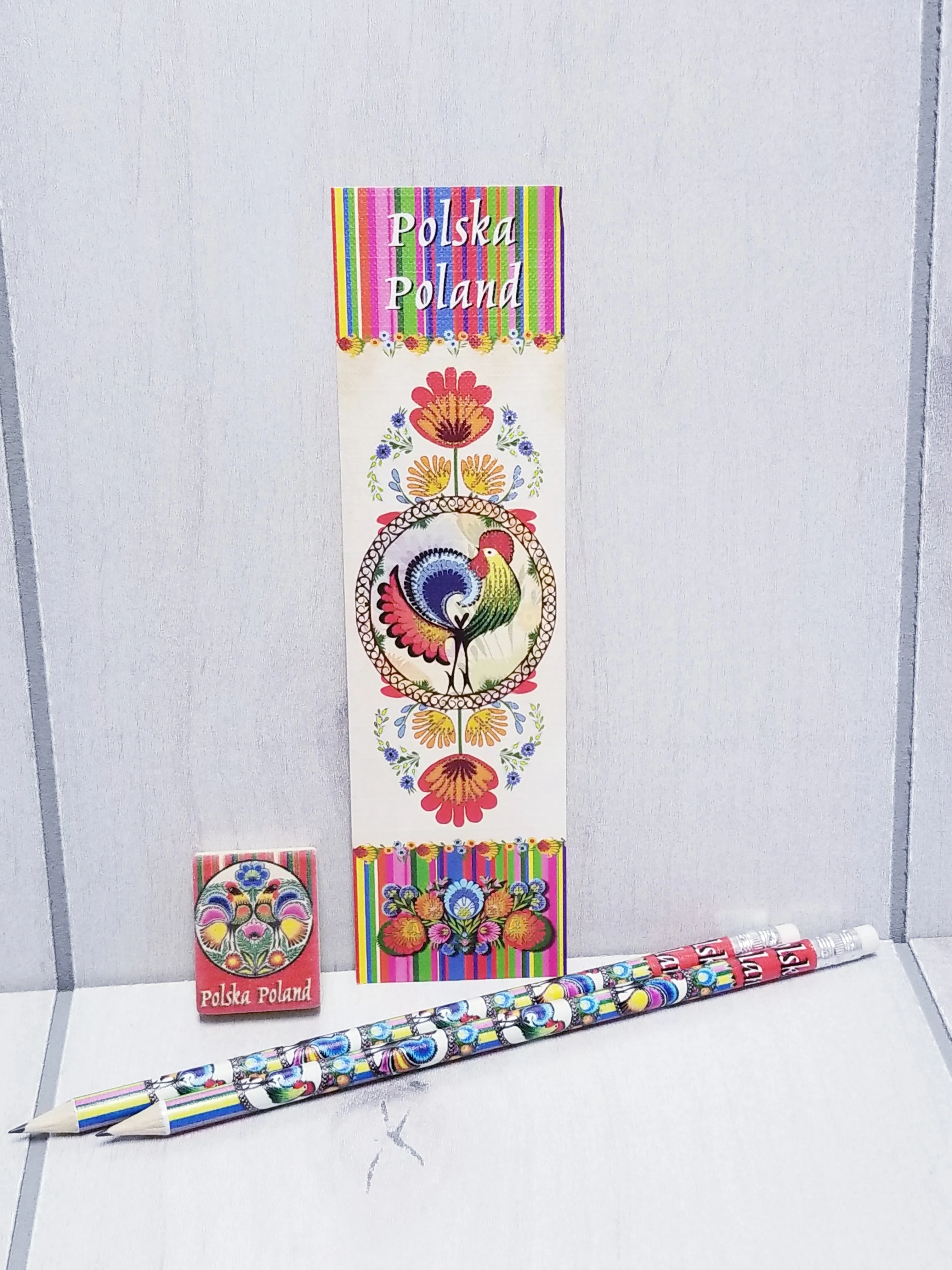 Polish Folk Art Bookmark, Eraser & 2 Pencils Set
