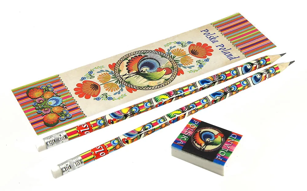 Polish Folk Art Bookmark, Eraser & 2 Pencils Set