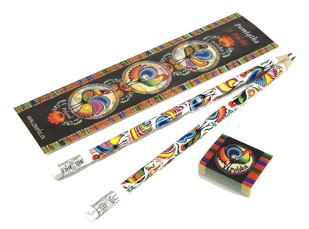 Polish Folk Art Bookmark, Eraser & 2 Pencils Set