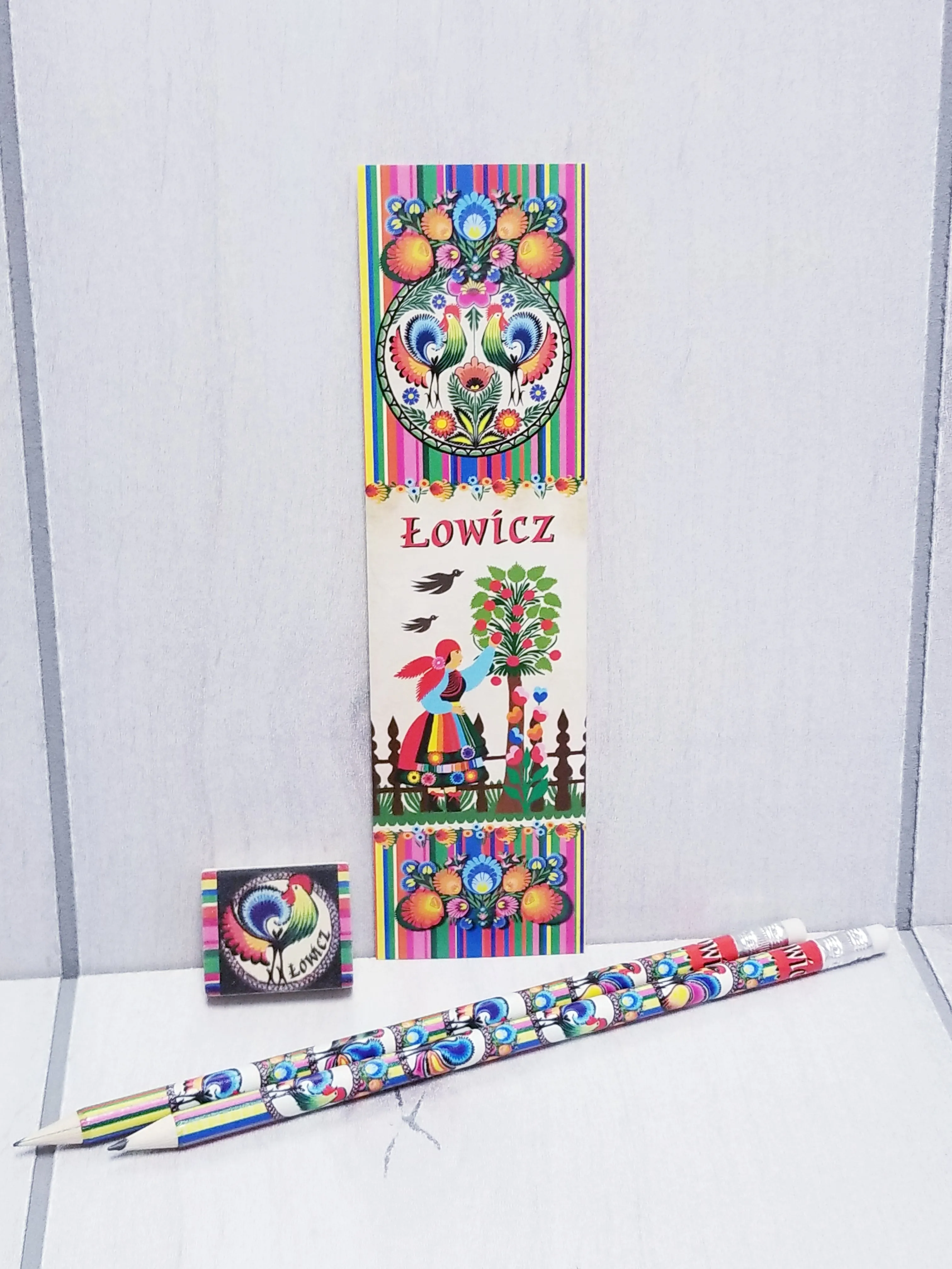Polish Folk Art Bookmark, Eraser & 2 Pencils Set