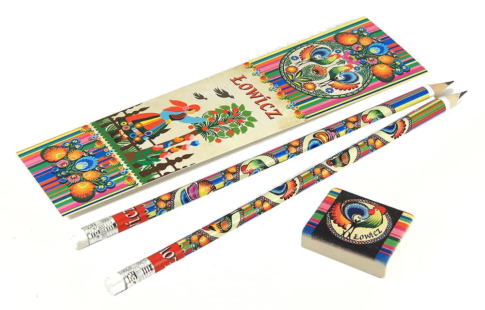 Polish Folk Art Bookmark, Eraser & 2 Pencils Set
