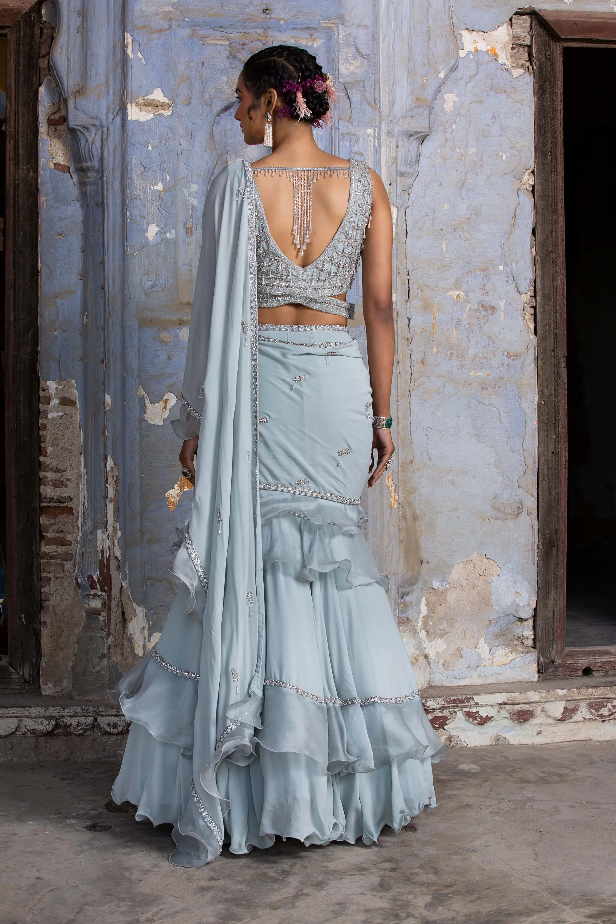 Powder blue organza drape sari and blouse
