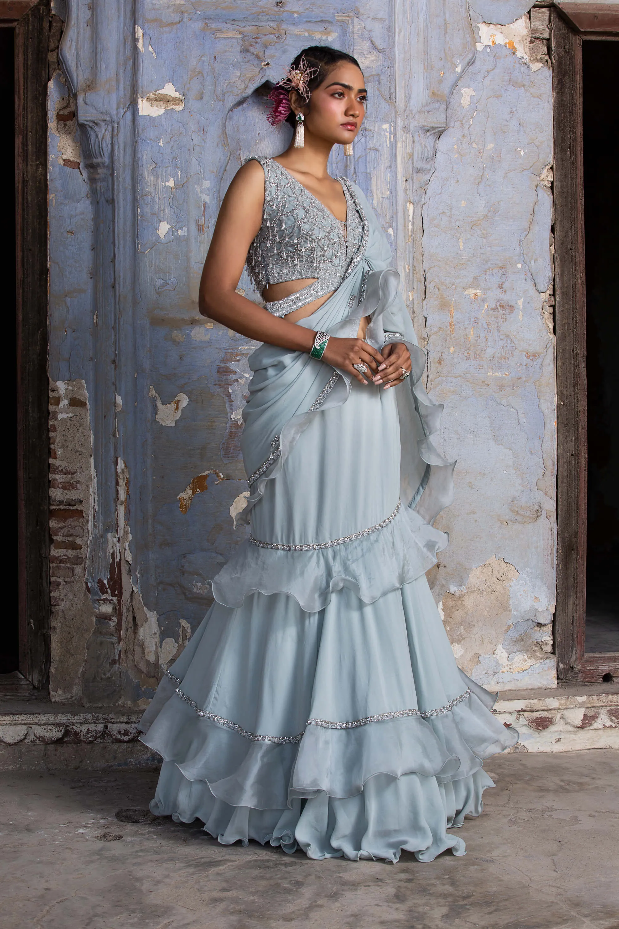 Powder blue organza drape sari and blouse