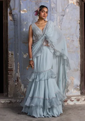 Powder blue organza drape sari and blouse