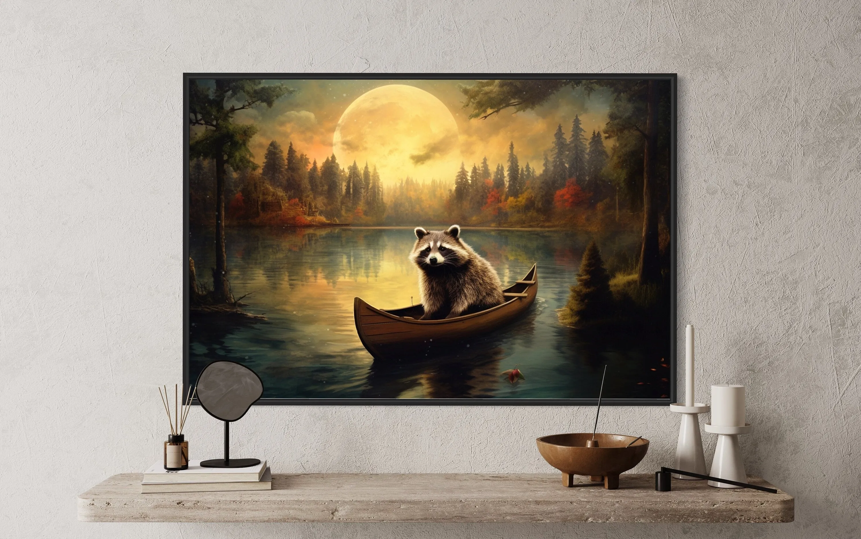 Raccoon In Canoe Moody Framed Canvas Wall Art For Cabin Decor