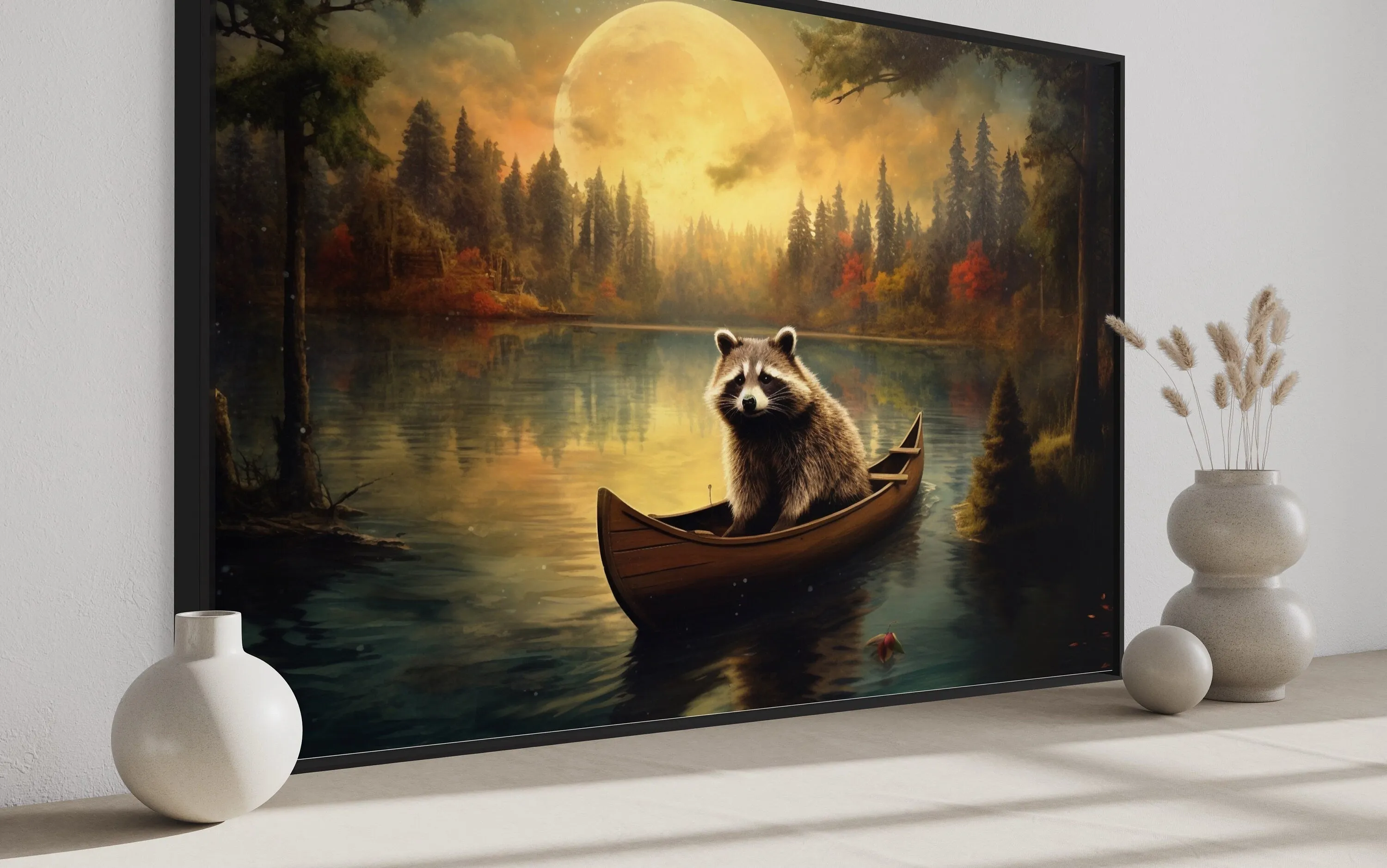 Raccoon In Canoe Moody Framed Canvas Wall Art For Cabin Decor
