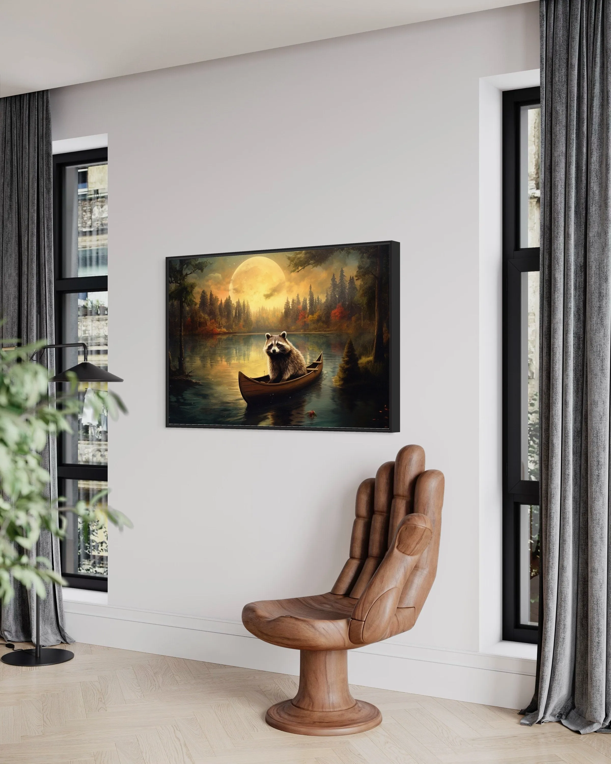 Raccoon In Canoe Moody Framed Canvas Wall Art For Cabin Decor