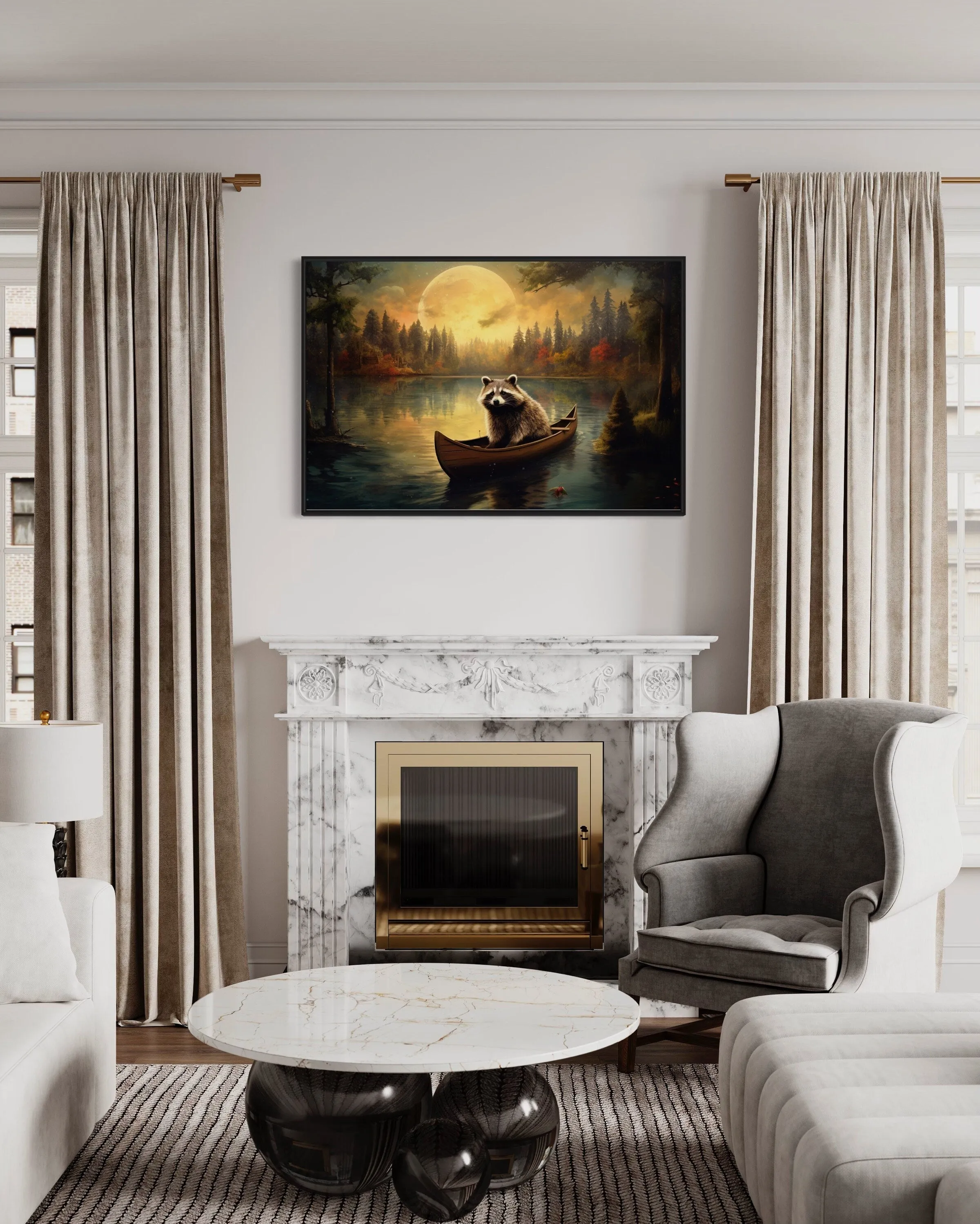 Raccoon In Canoe Moody Framed Canvas Wall Art For Cabin Decor
