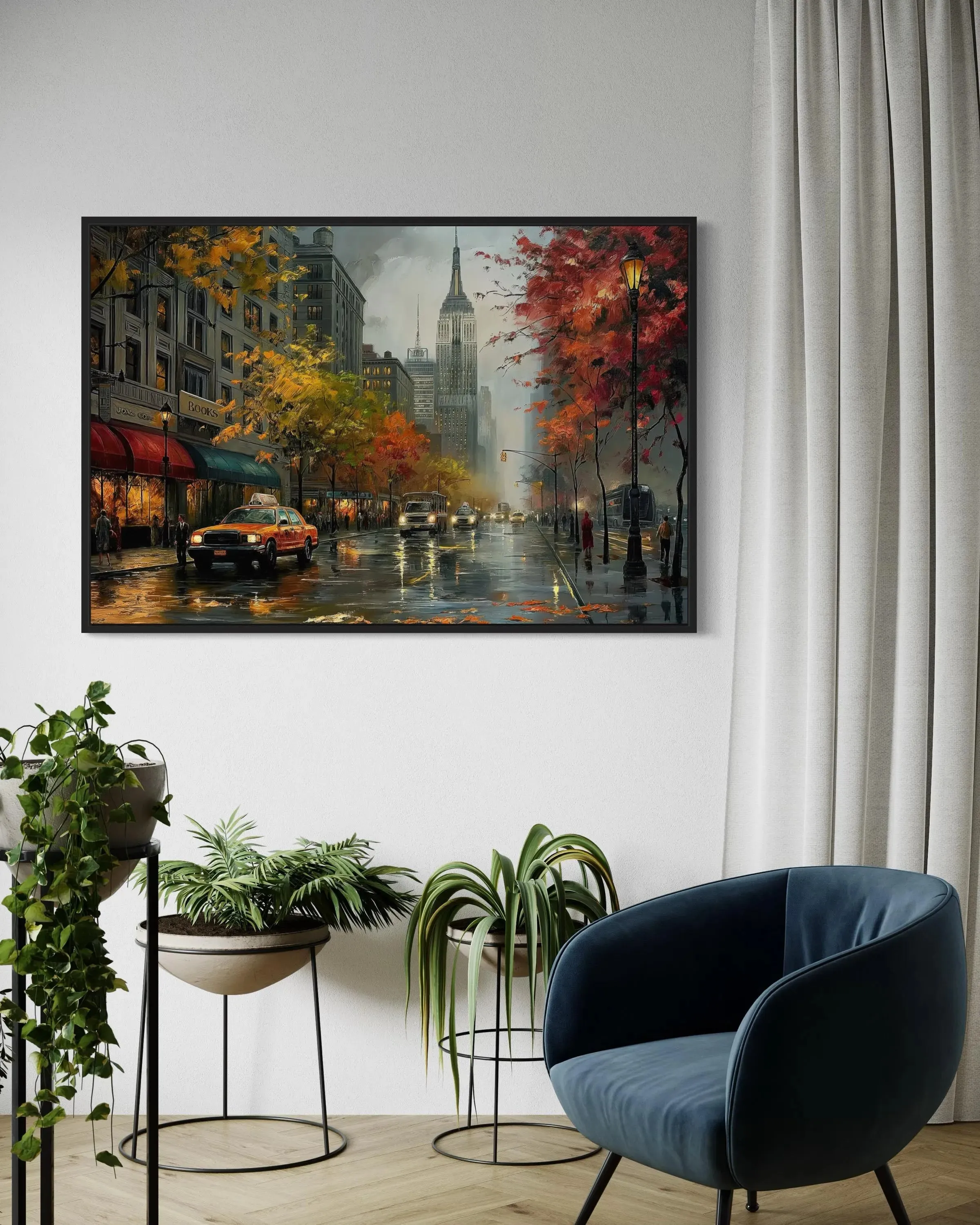 Rainy New York City Street Framed Canvas Wall Art