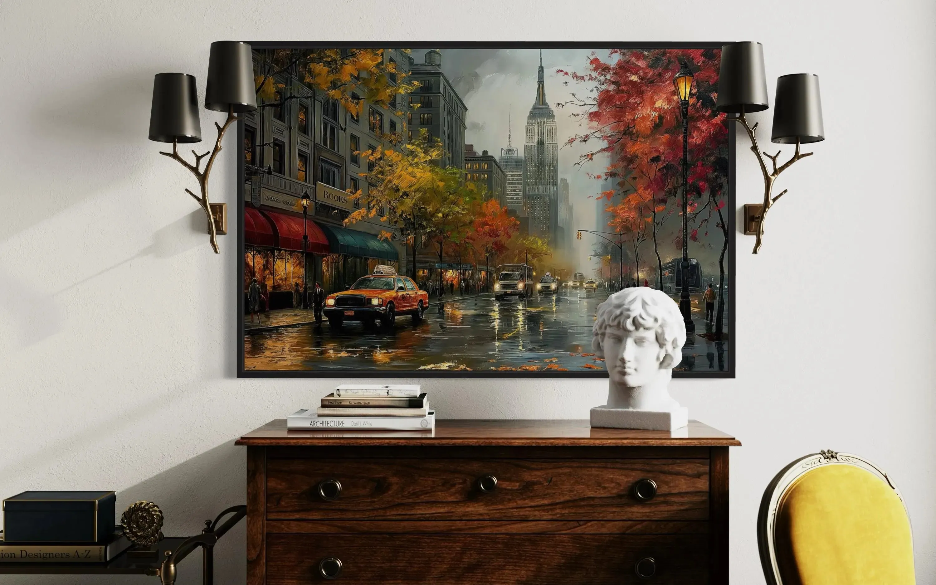 Rainy New York City Street Framed Canvas Wall Art