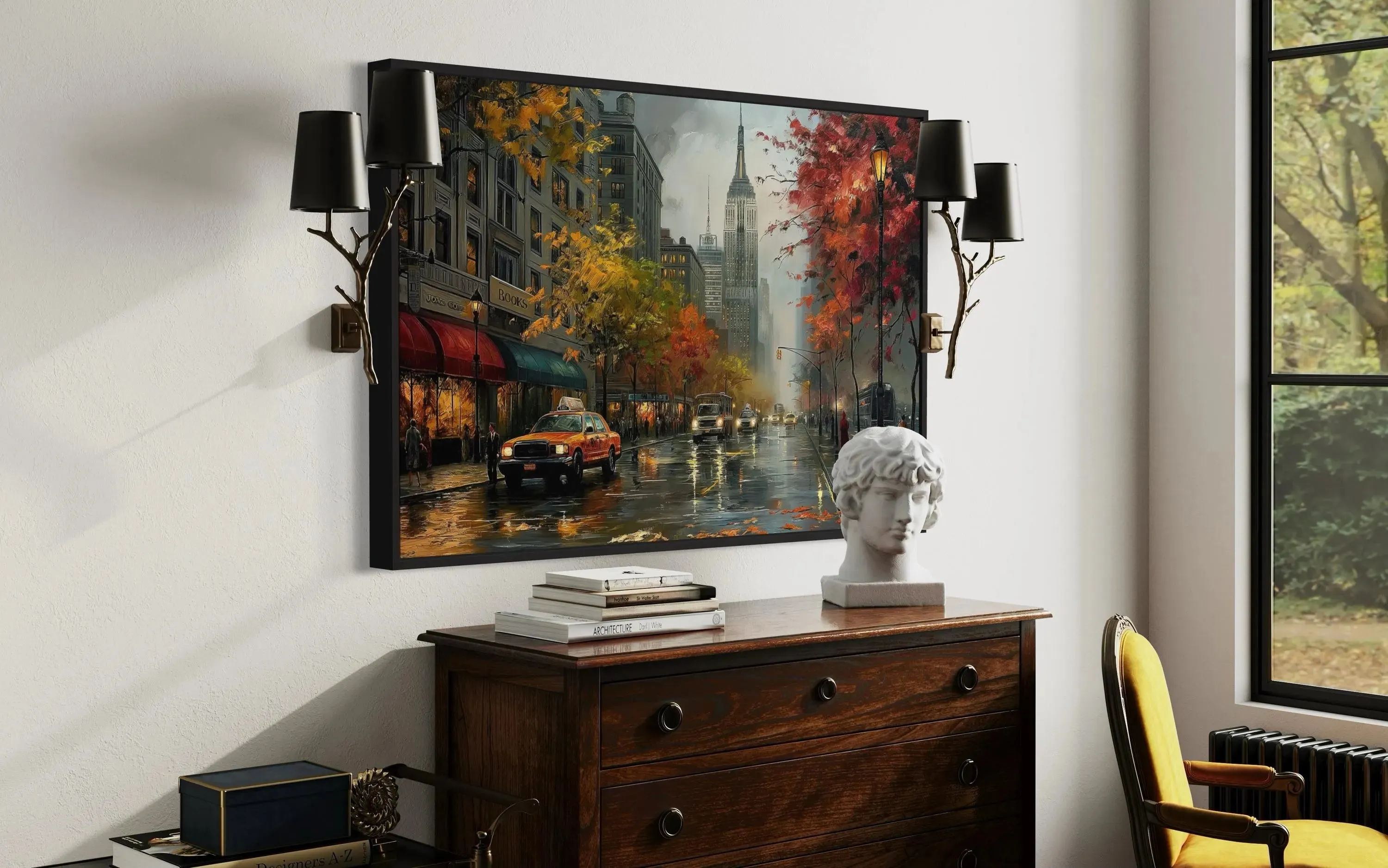 Rainy New York City Street Framed Canvas Wall Art