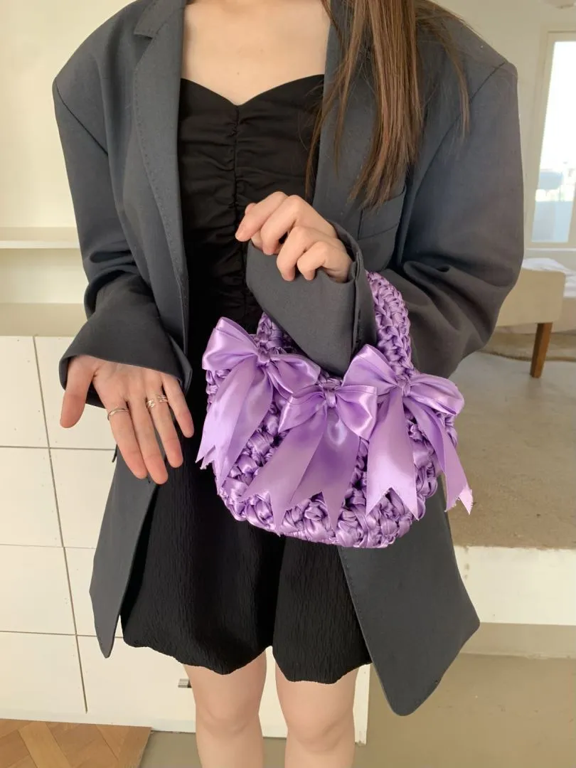 satin basket bucket bag bow woven handbag fashionable versatile single shoulder woven bag