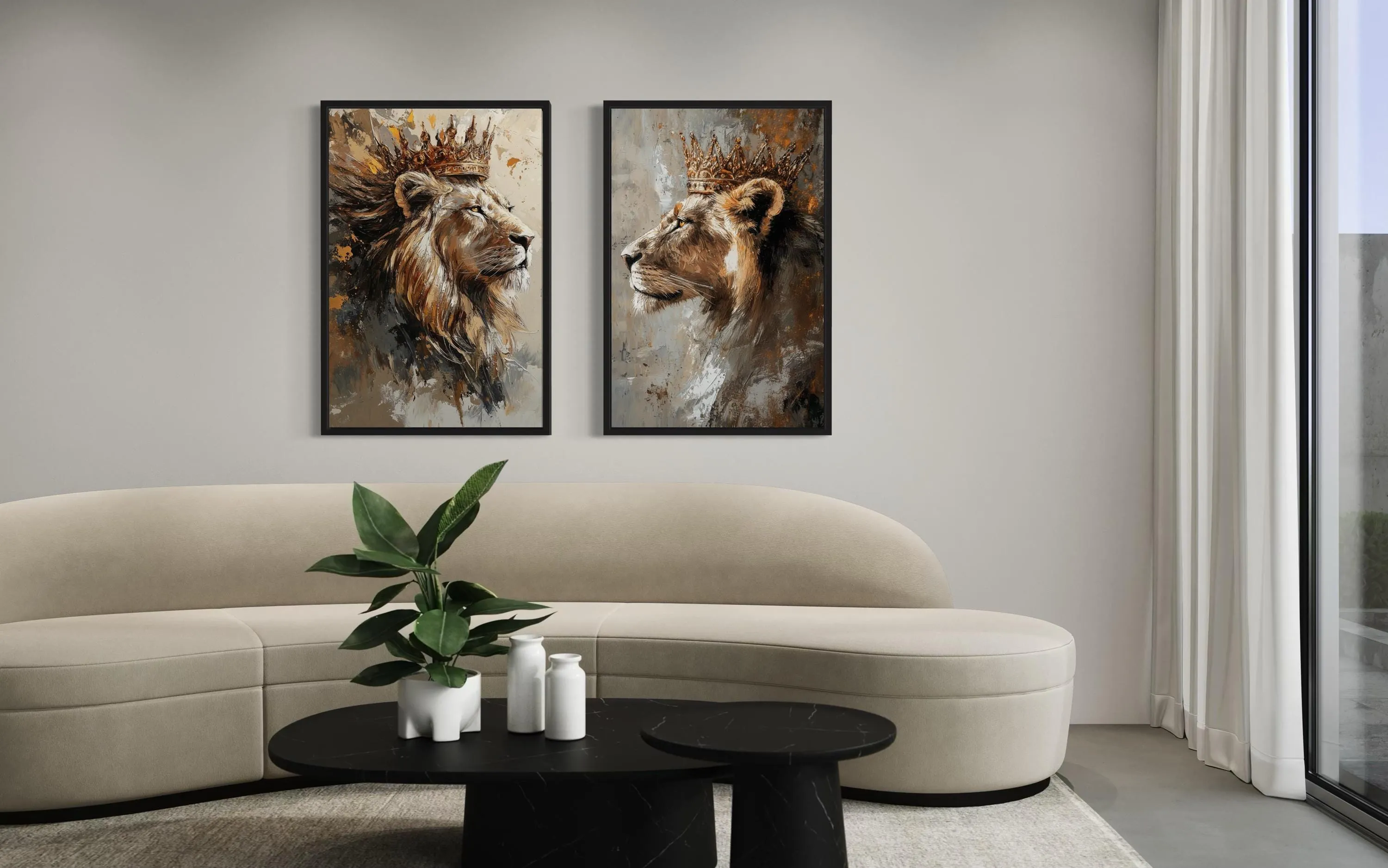 Set Of 2 Lion King And Lioness Queen Framed Canvas Wall Art