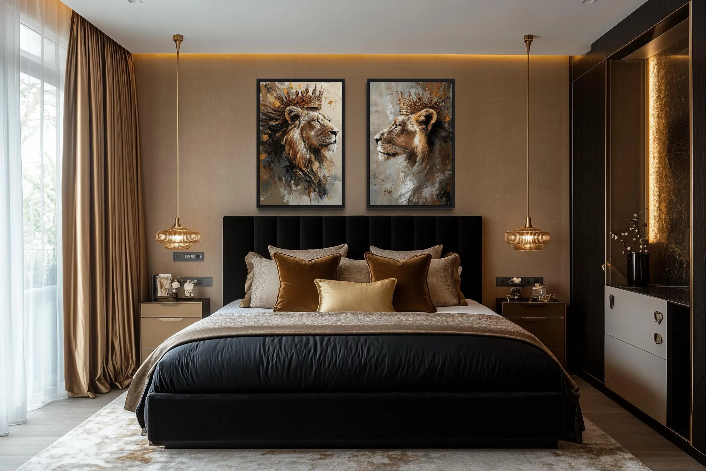 Set Of 2 Lion King And Lioness Queen Framed Canvas Wall Art