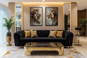 Set Of 2 Lion King And Lioness Queen Framed Canvas Wall Art
