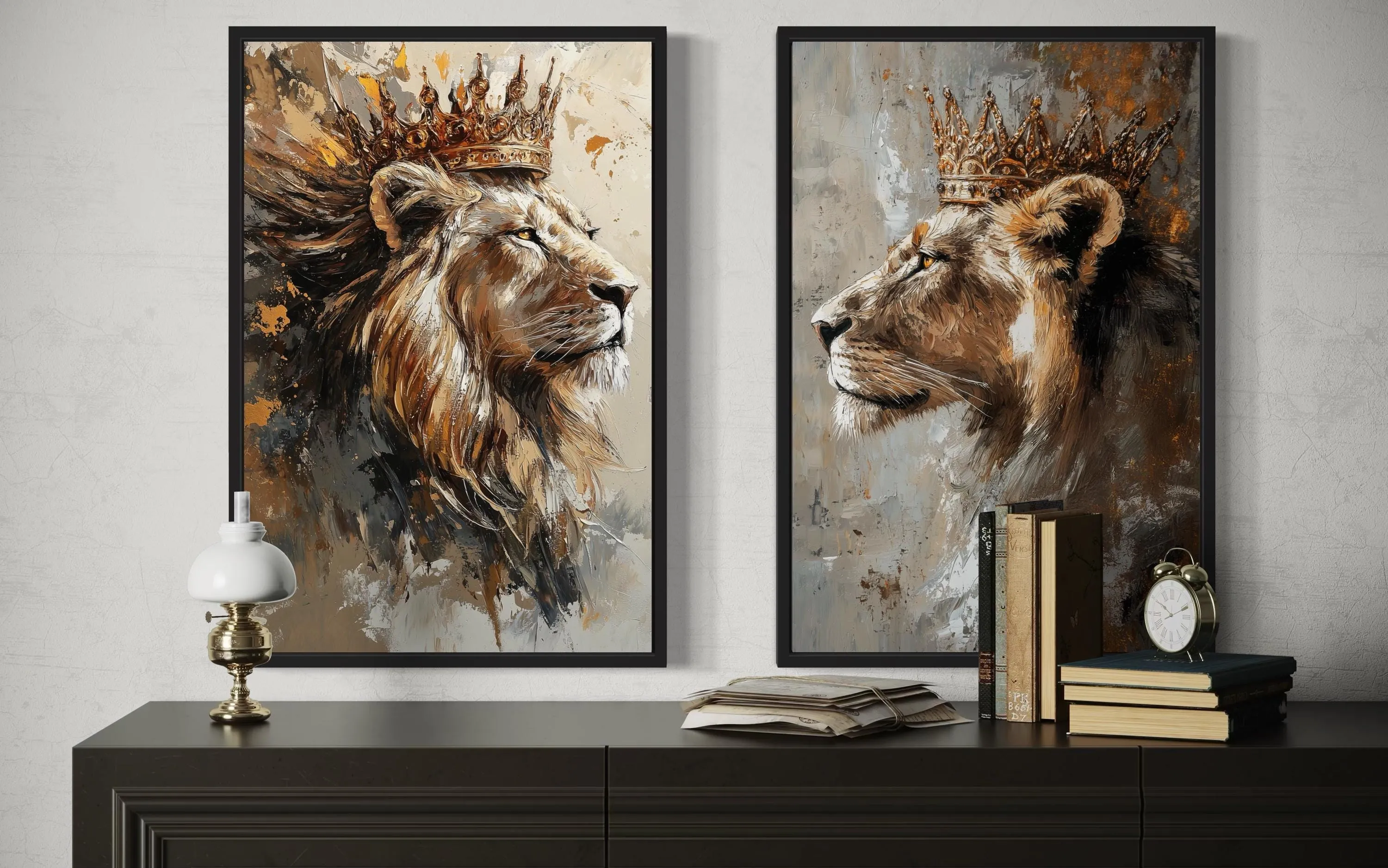 Set Of 2 Lion King And Lioness Queen Framed Canvas Wall Art
