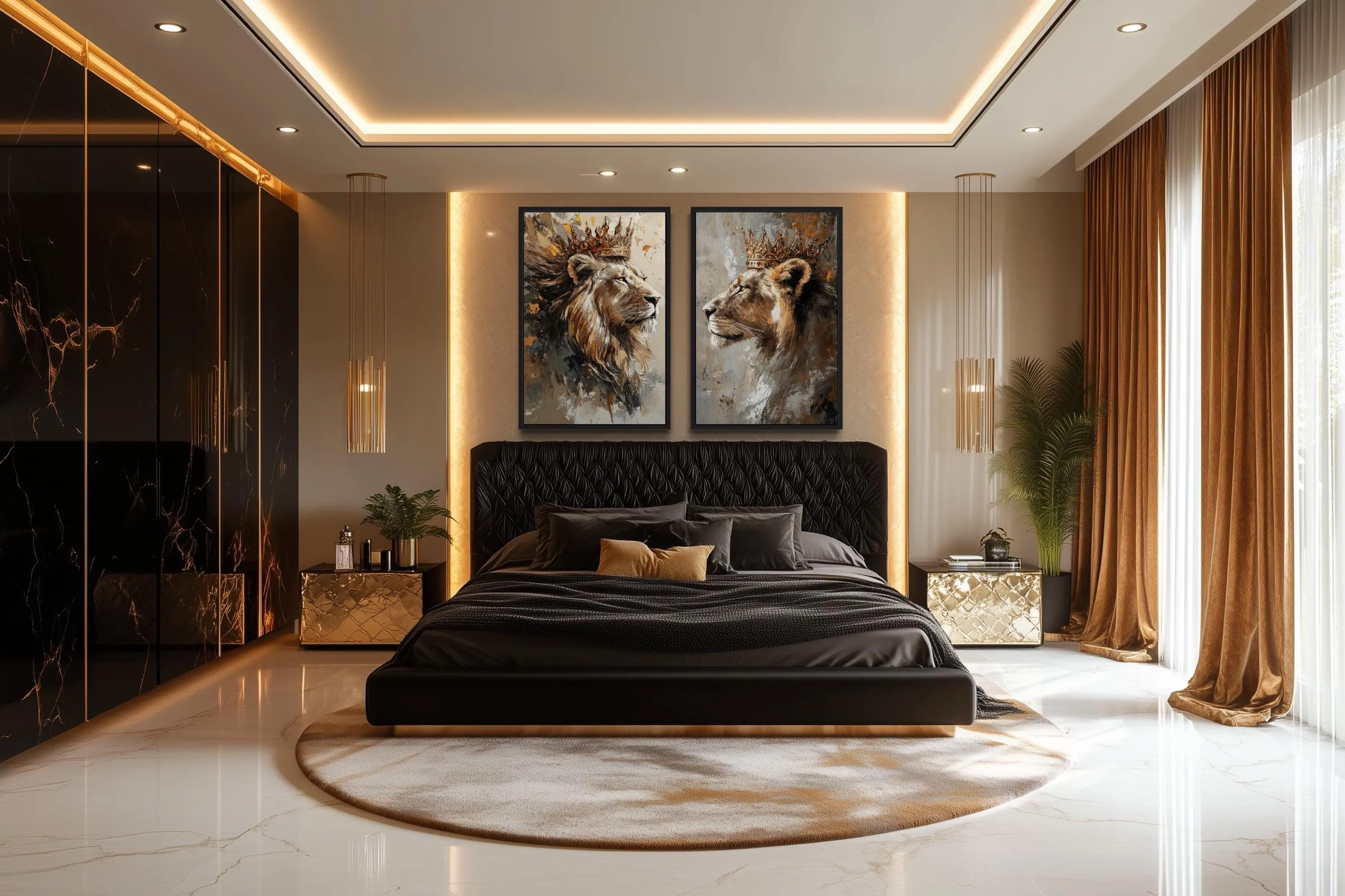 Set Of 2 Lion King And Lioness Queen Framed Canvas Wall Art