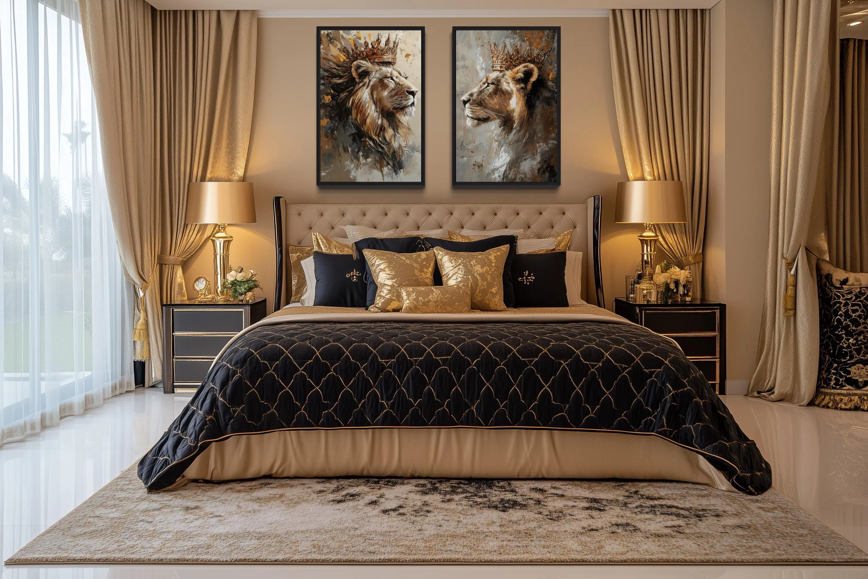Set Of 2 Lion King And Lioness Queen Framed Canvas Wall Art