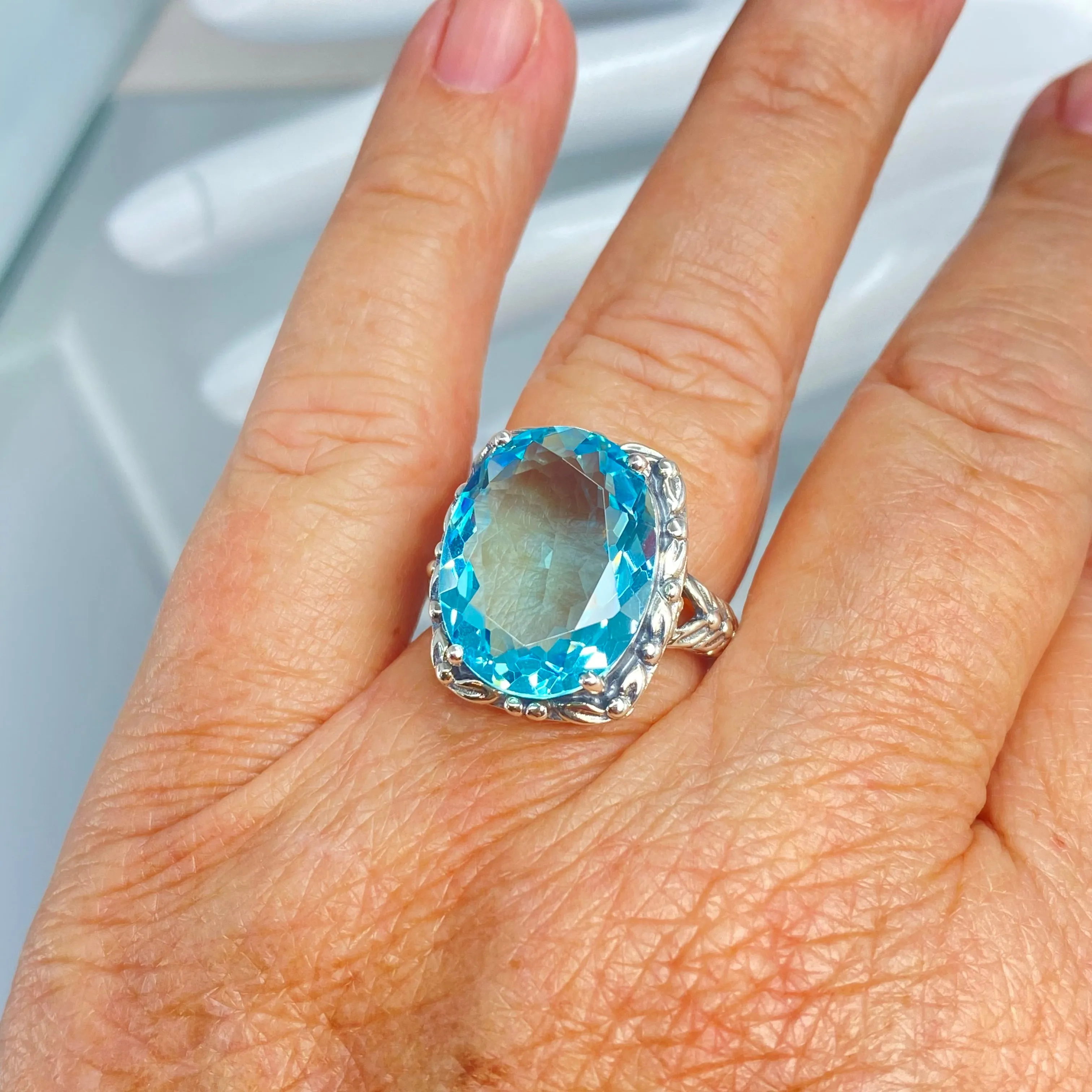 Sky Blue Aquamarine Ring, Leaf Accent Ring, Oval Cut Gem, Vintage Style Jewelry, Design#D120