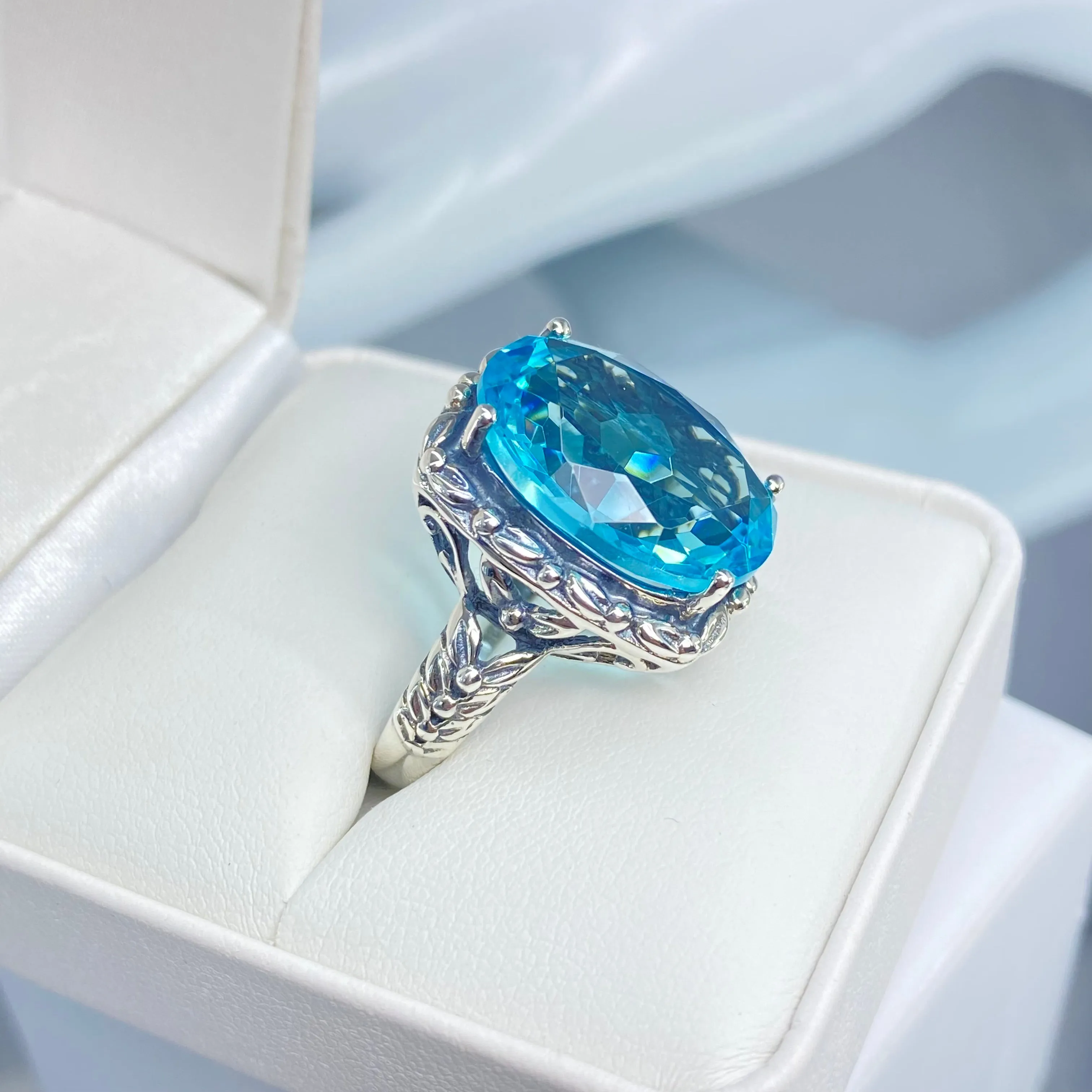 Sky Blue Aquamarine Ring, Leaf Accent Ring, Oval Cut Gem, Vintage Style Jewelry, Design#D120