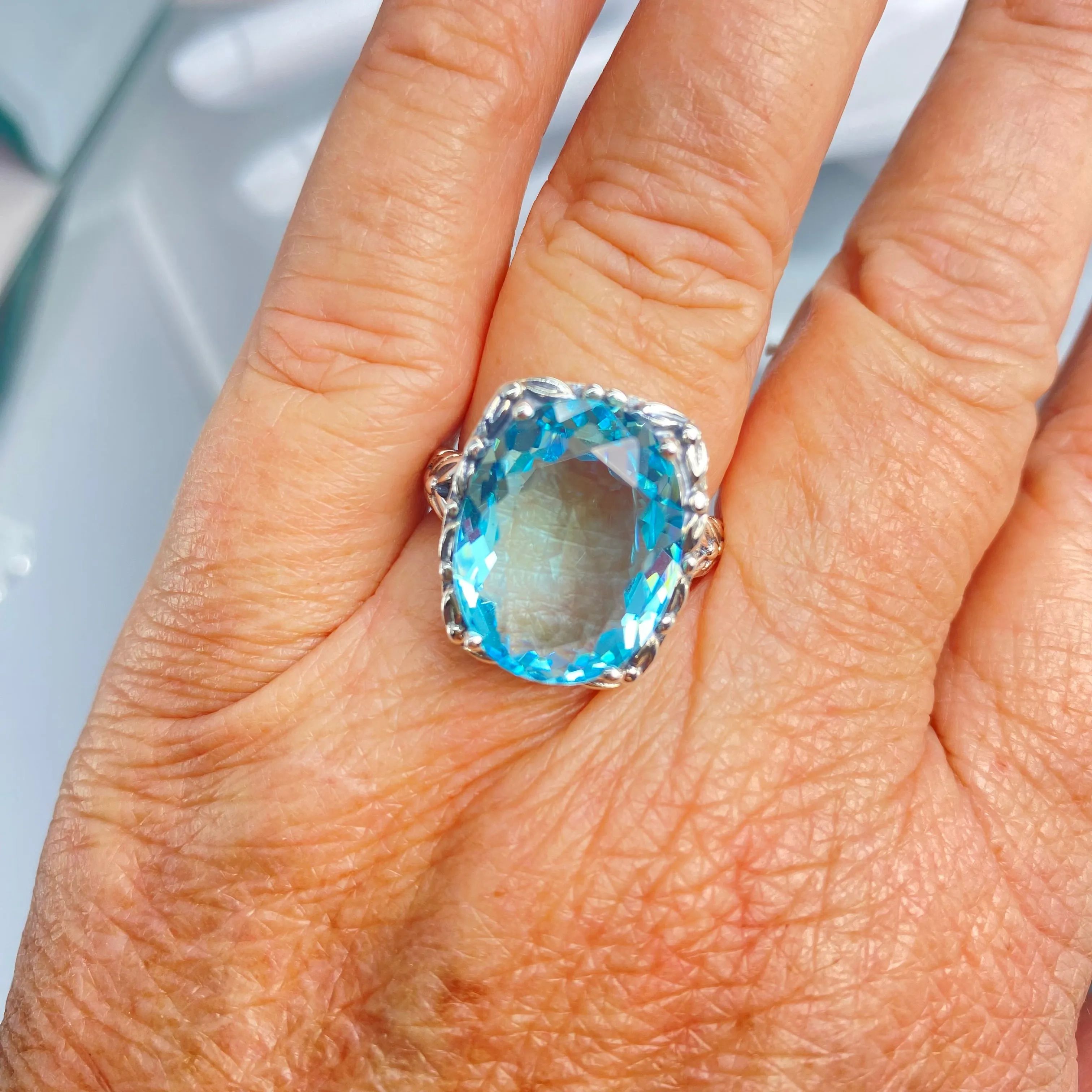 Sky Blue Aquamarine Ring, Leaf Accent Ring, Oval Cut Gem, Vintage Style Jewelry, Design#D120