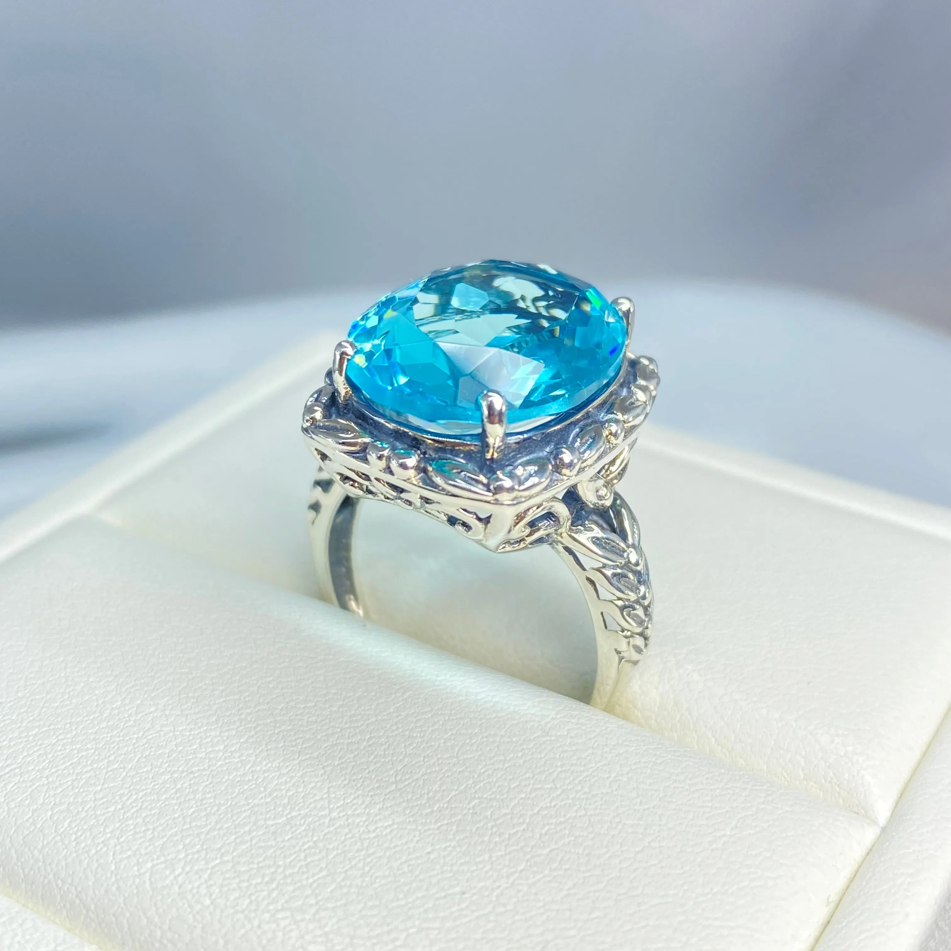 Sky Blue Aquamarine Ring, Leaf Accent Ring, Oval Cut Gem, Vintage Style Jewelry, Design#D120