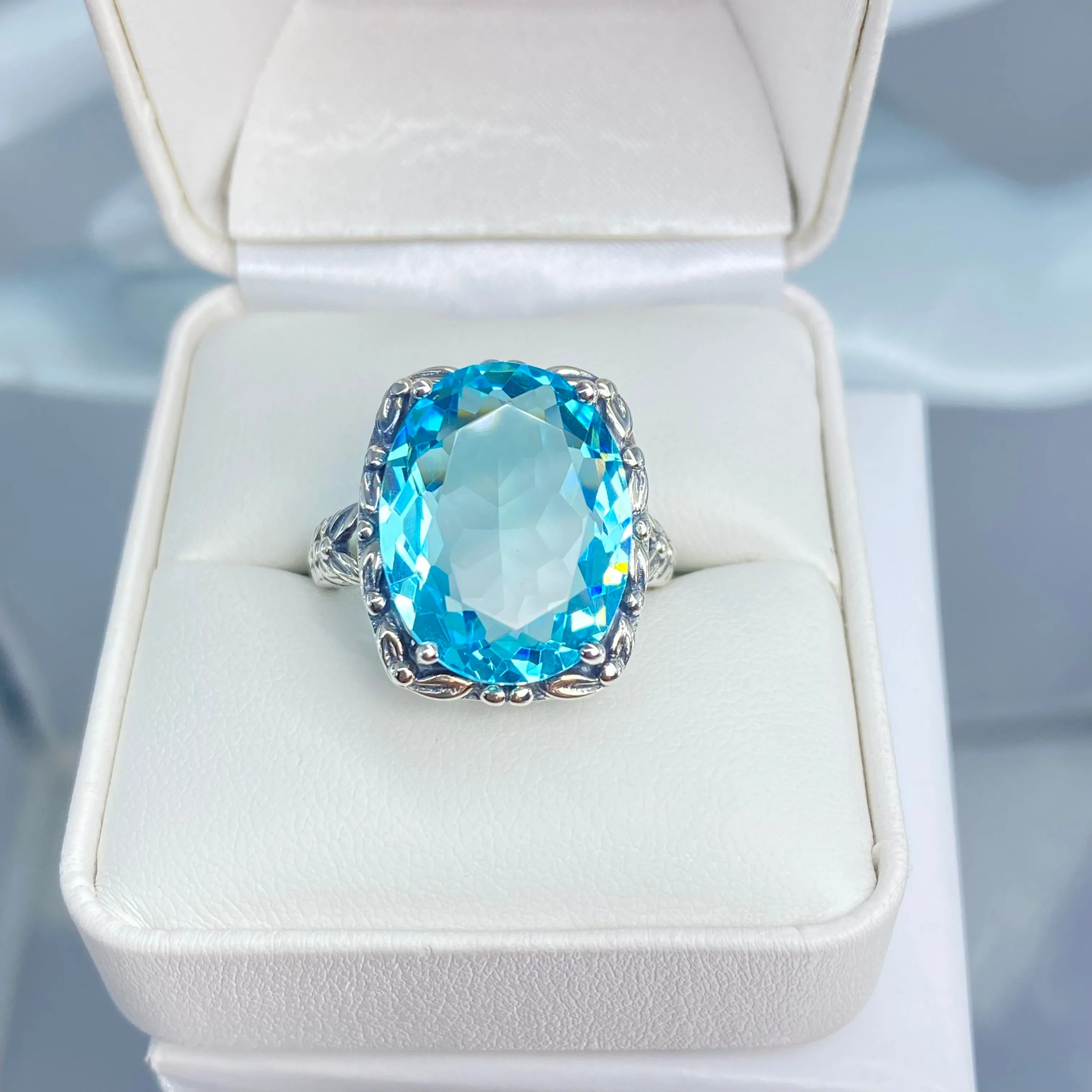 Sky Blue Aquamarine Ring, Leaf Accent Ring, Oval Cut Gem, Vintage Style Jewelry, Design#D120
