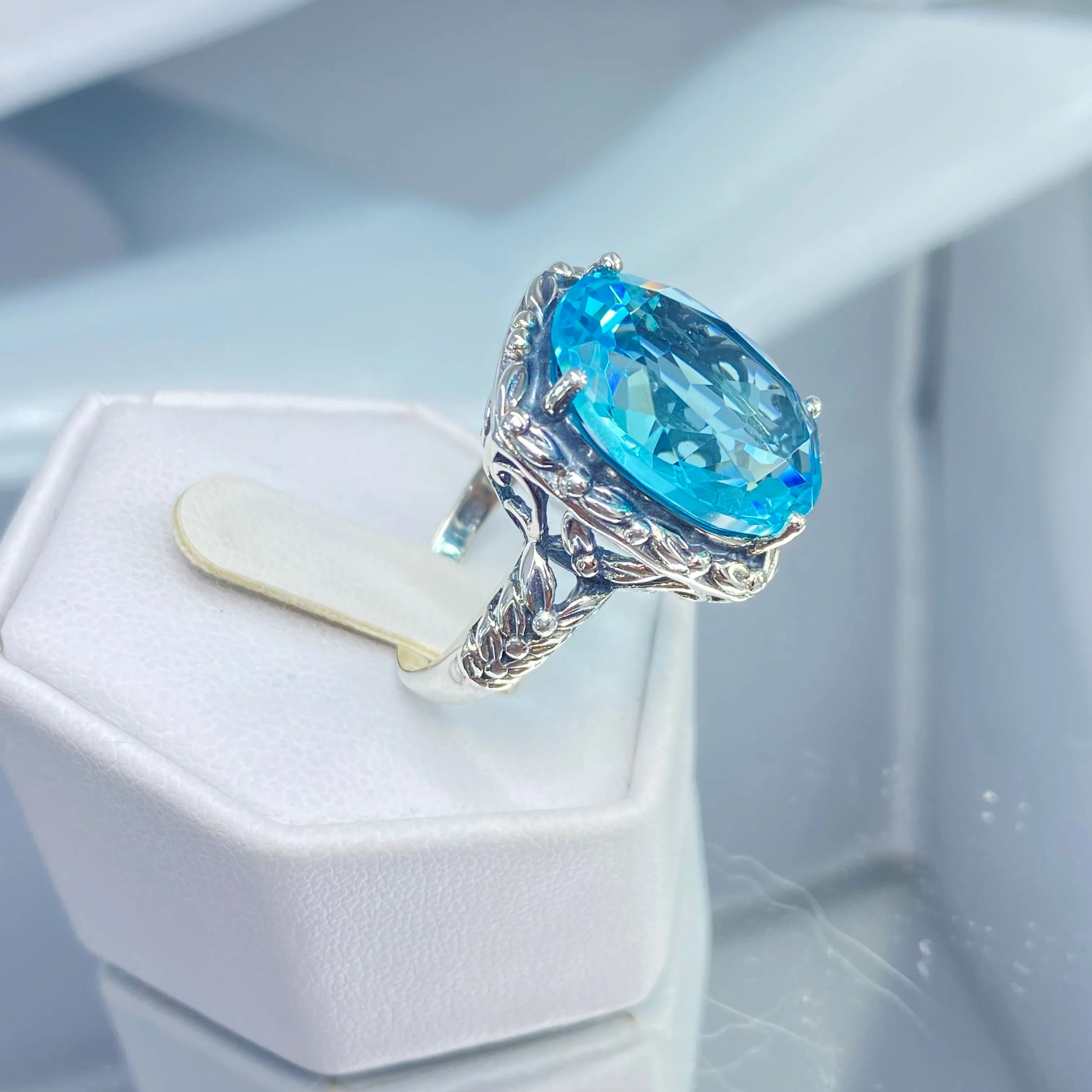 Sky Blue Aquamarine Ring, Leaf Accent Ring, Oval Cut Gem, Vintage Style Jewelry, Design#D120