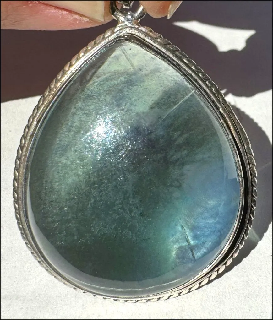 Sterling Silver and BI-COLORED GREEN BLUE APATITE Crystal Pendant - with Synergy 10  years