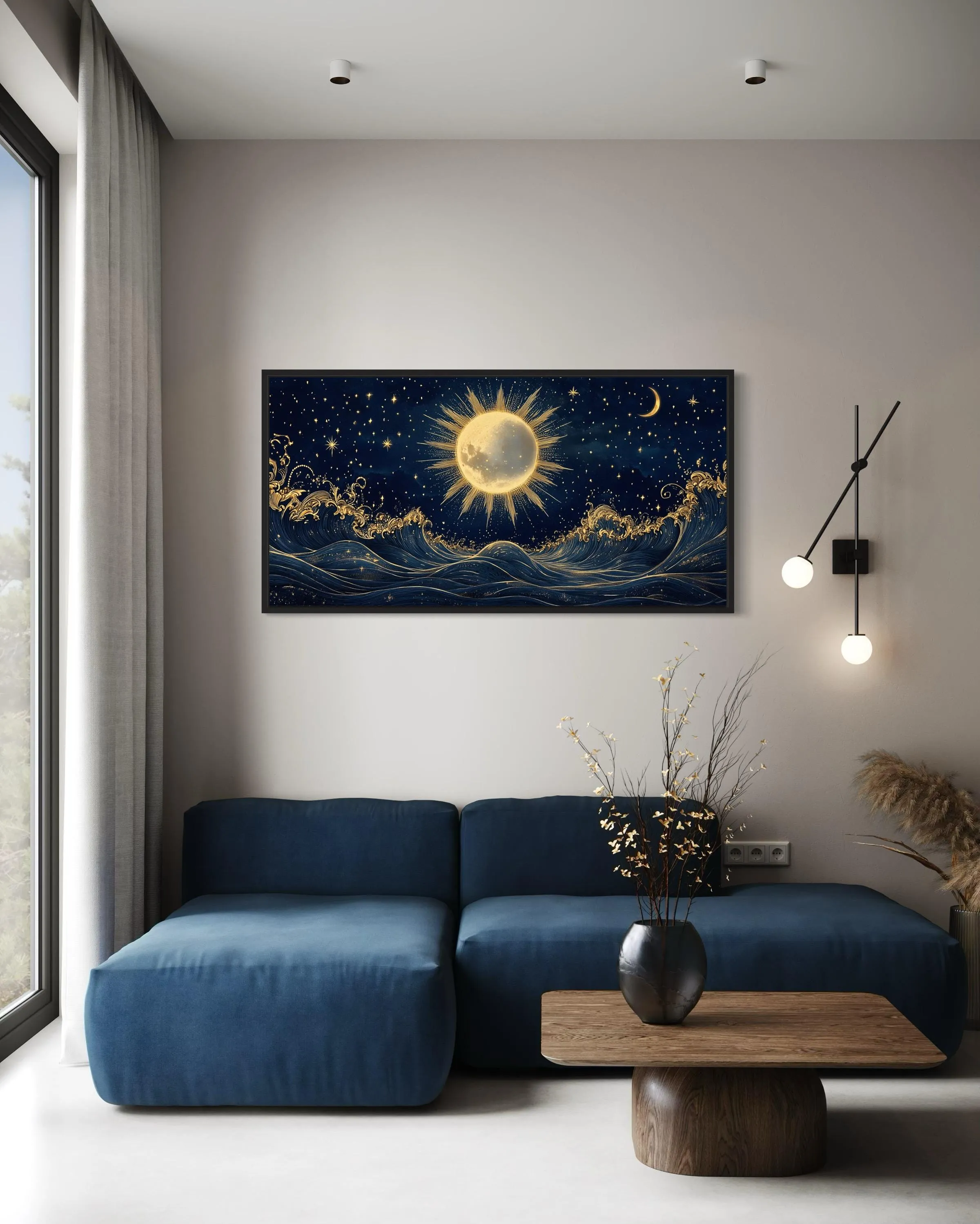 Sun And Stars Over Ocean Canvas Wall Art