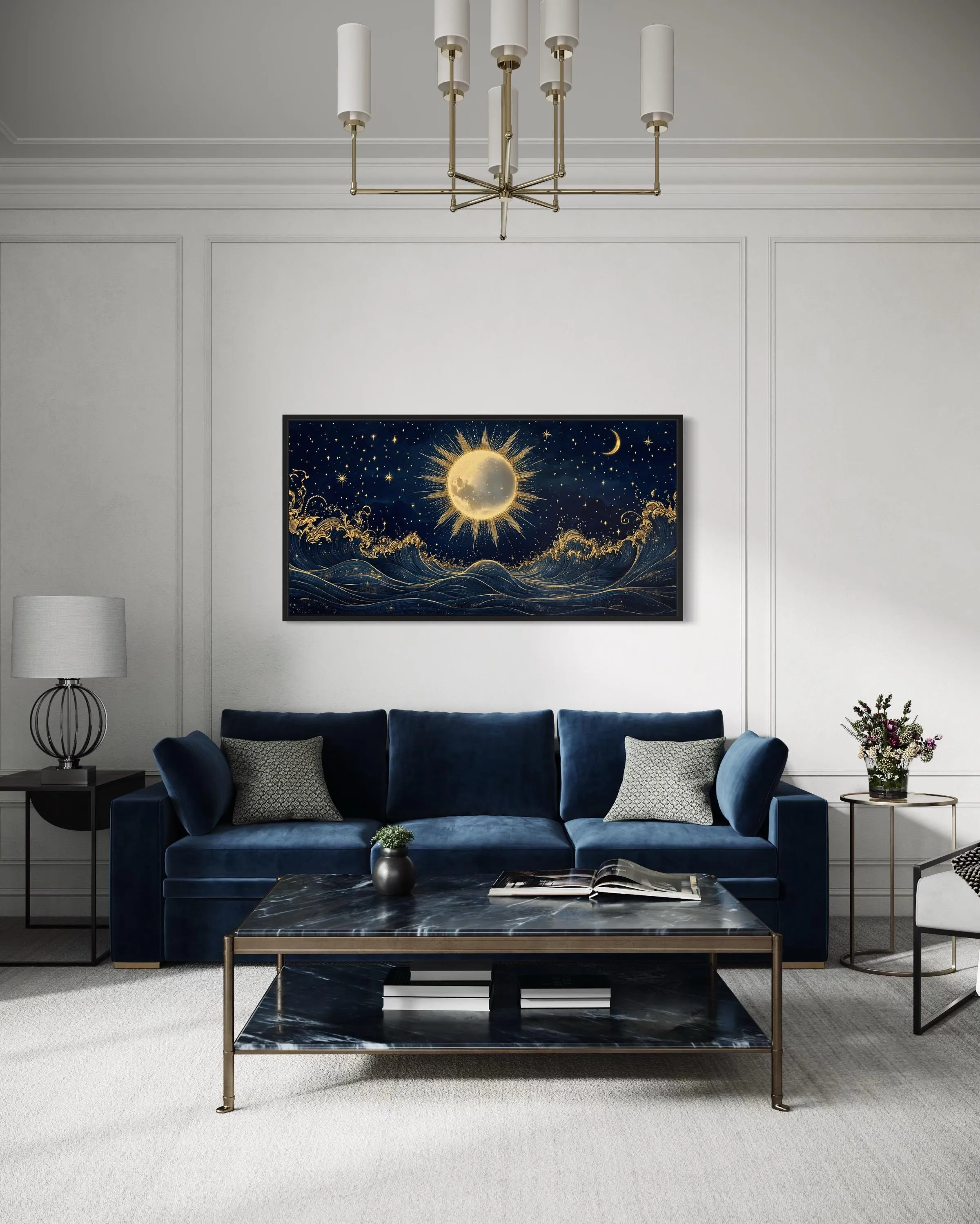 Sun And Stars Over Ocean Canvas Wall Art