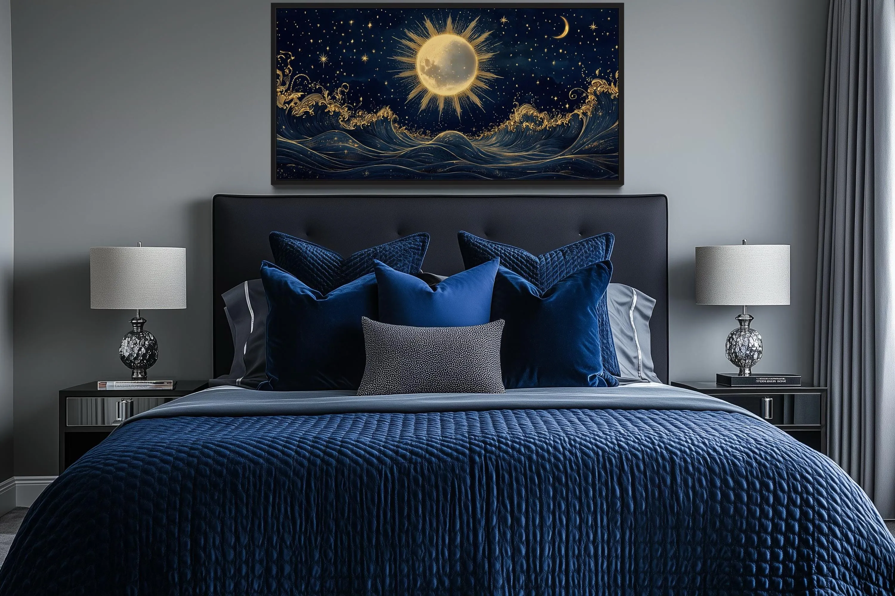 Sun And Stars Over Ocean Canvas Wall Art