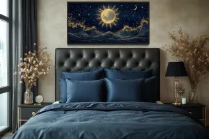 Sun And Stars Over Ocean Canvas Wall Art