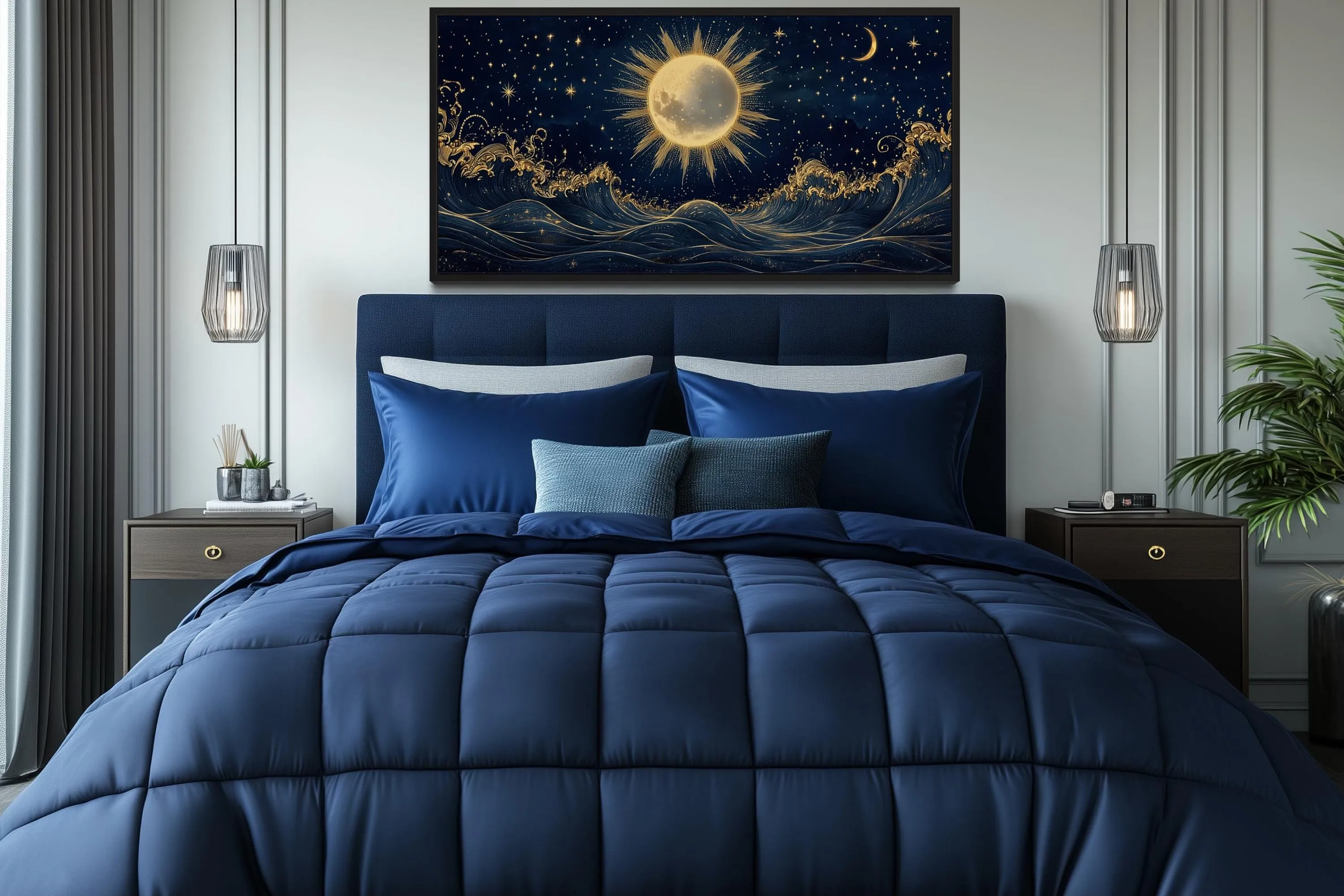 Sun And Stars Over Ocean Canvas Wall Art