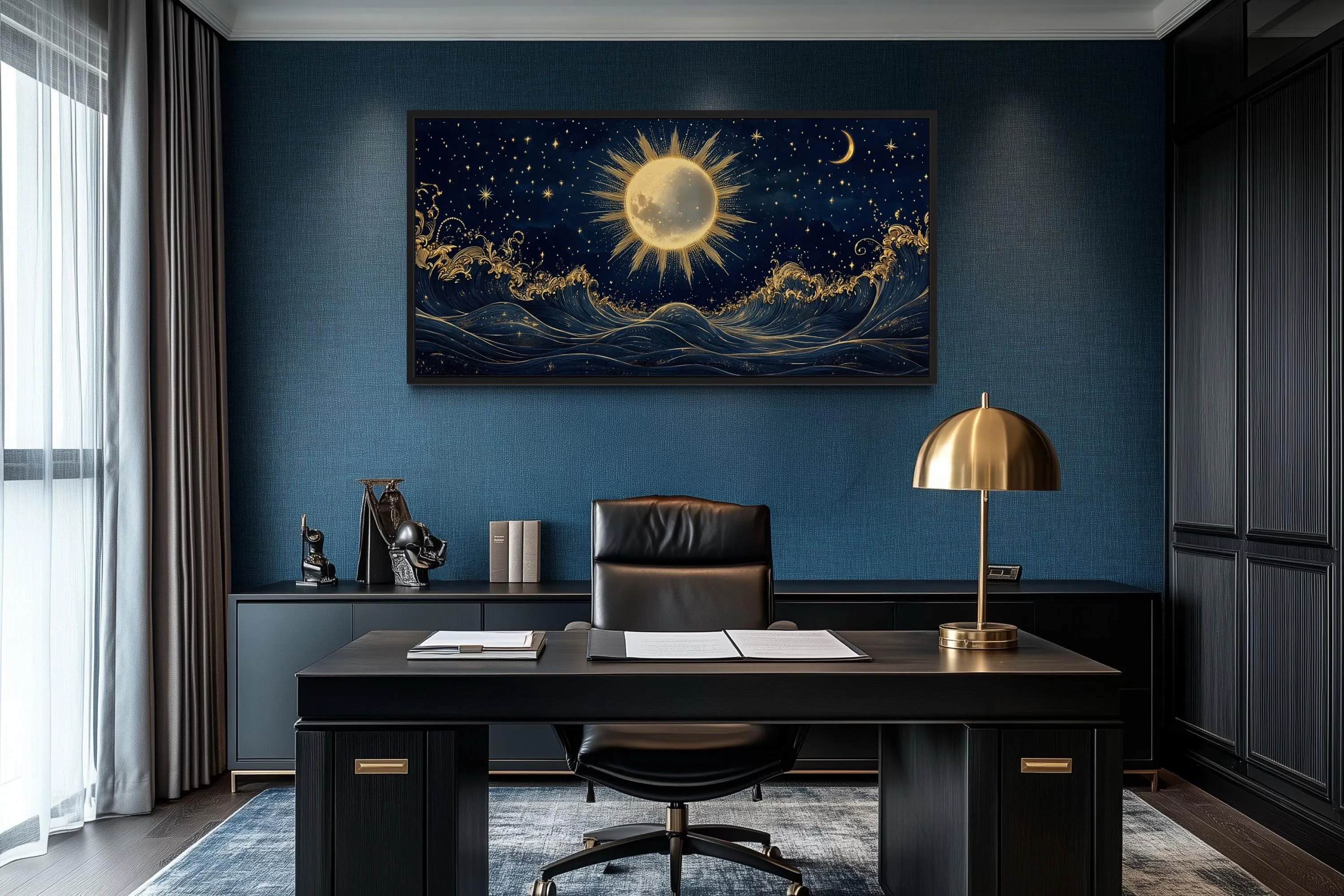 Sun And Stars Over Ocean Canvas Wall Art