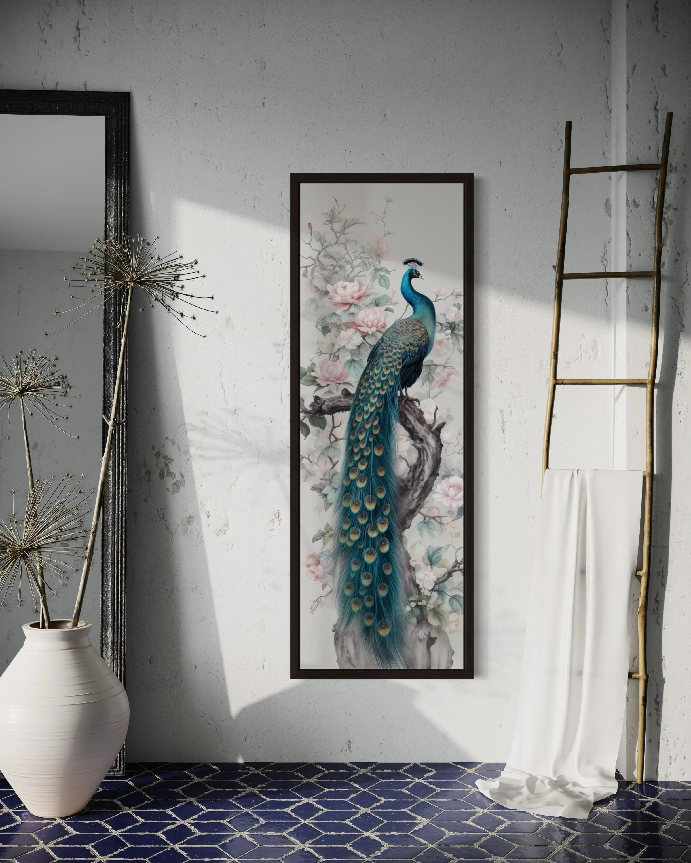 Tall Narrow Chinoiserie Peacock Vertical Framed Canvas Wall Art