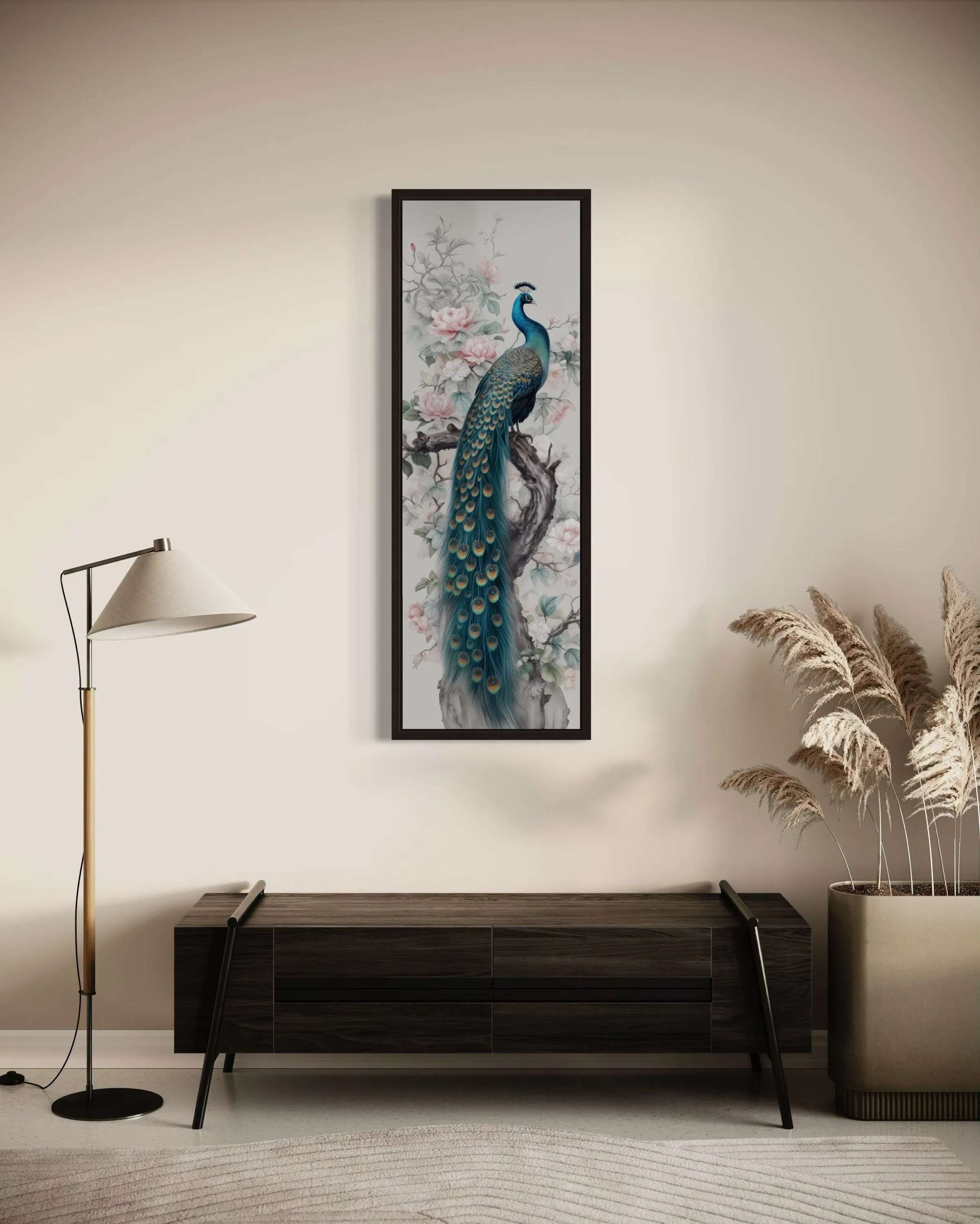 Tall Narrow Chinoiserie Peacock Vertical Framed Canvas Wall Art