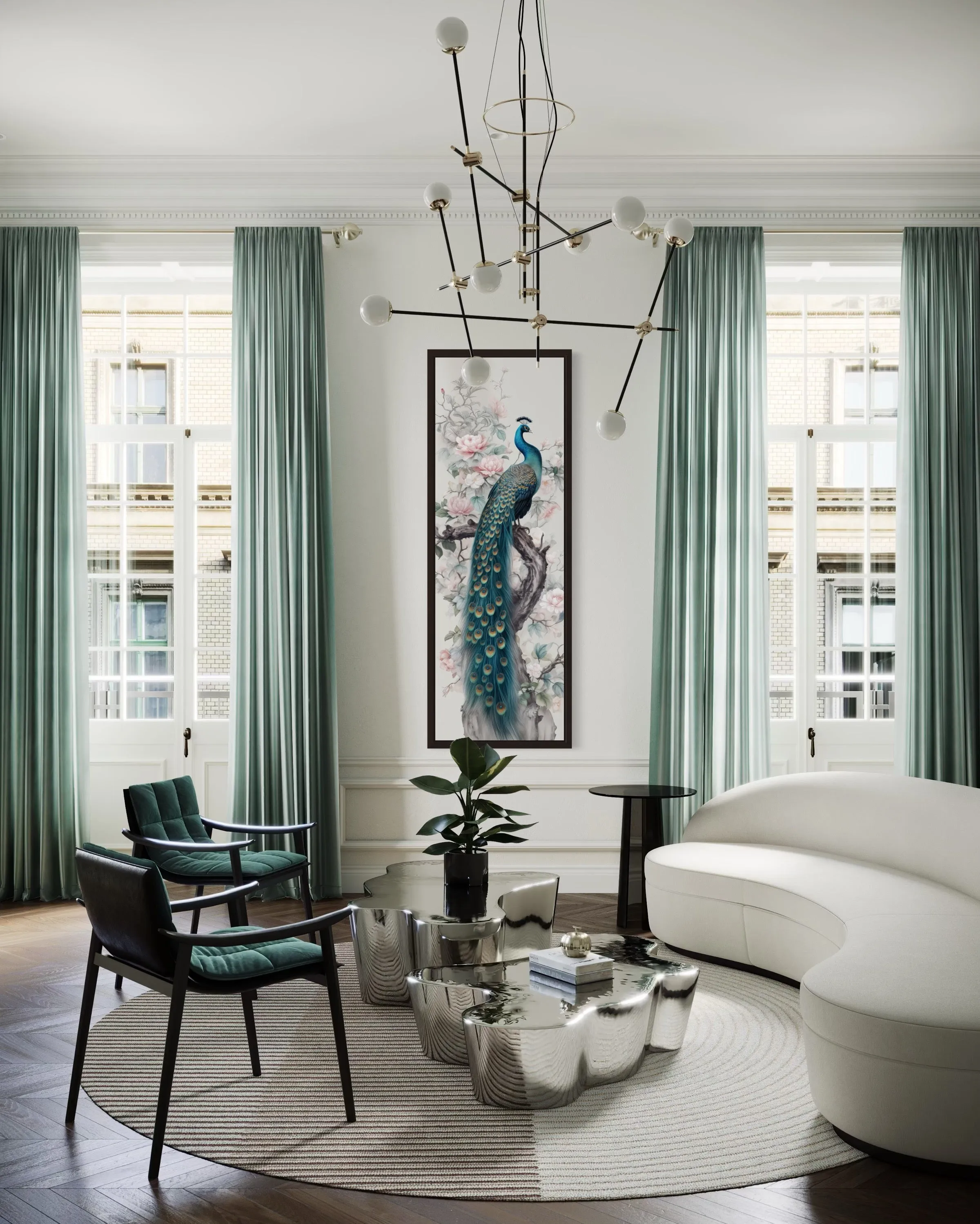 Tall Narrow Chinoiserie Peacock Vertical Framed Canvas Wall Art